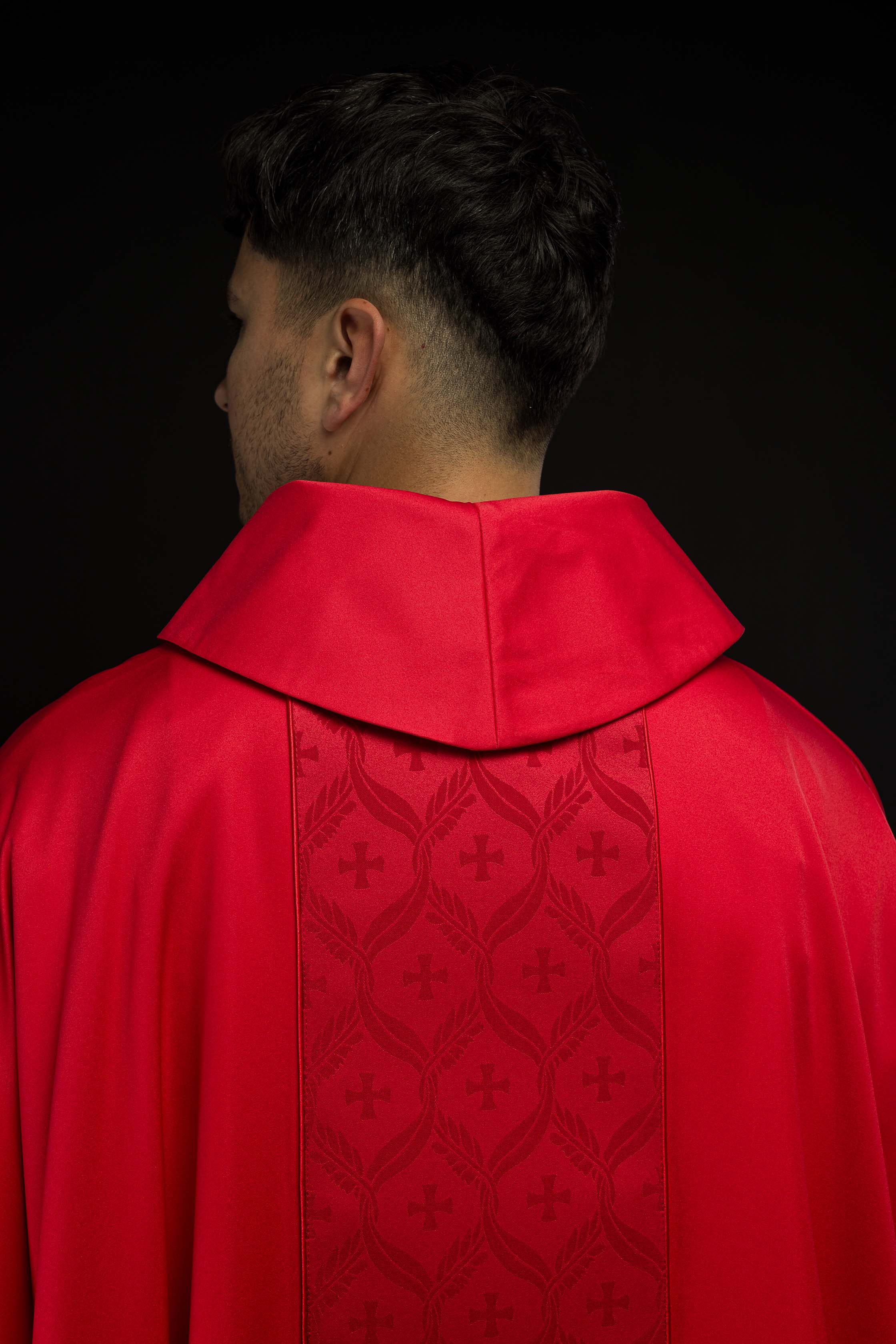 Red Chasuble with Jacquard Orphrey Featuring Cross Motifs - CHASUBLES.COM
