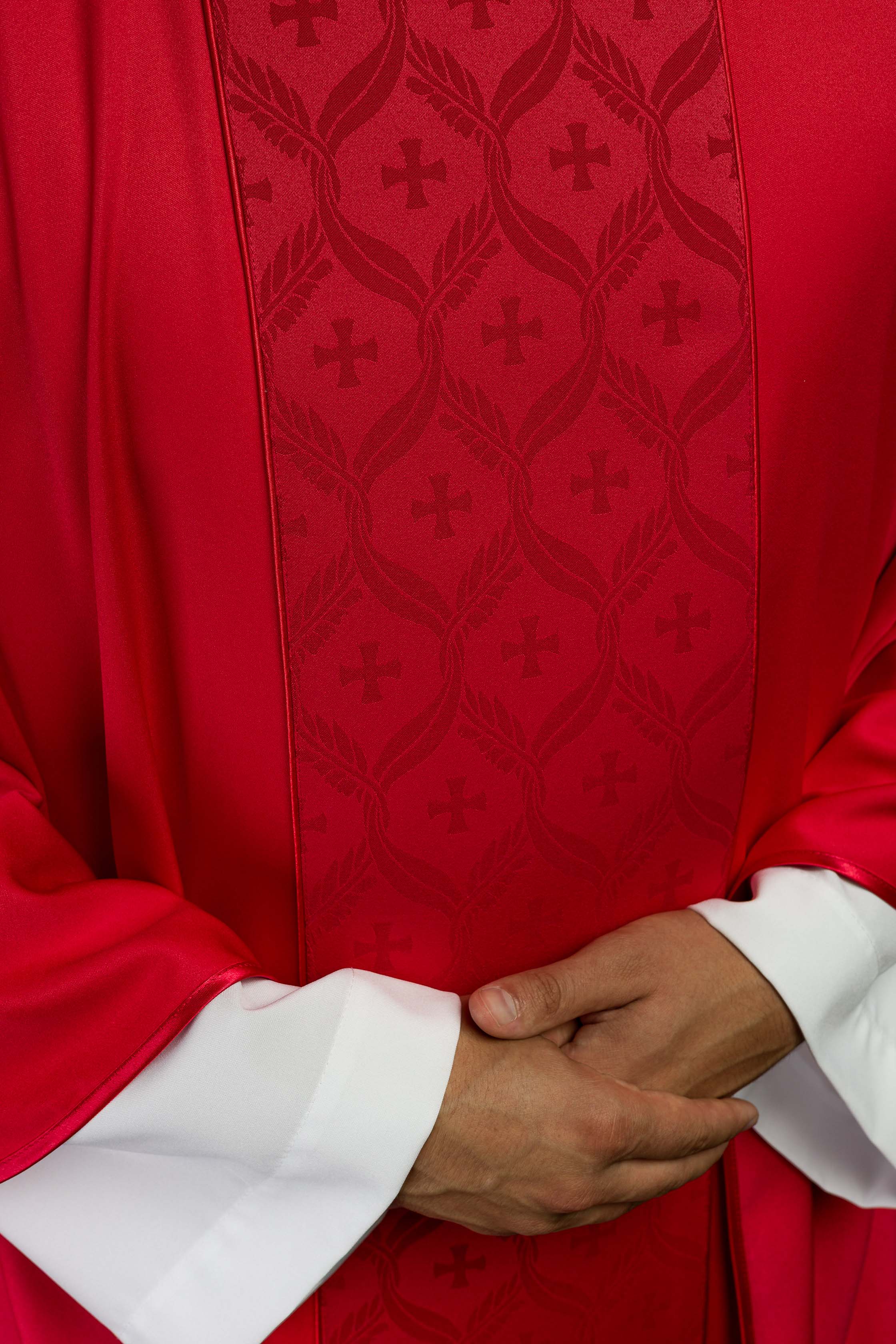 Red Chasuble with Jacquard Orphrey Featuring Cross Motifs - CHASUBLES.COM