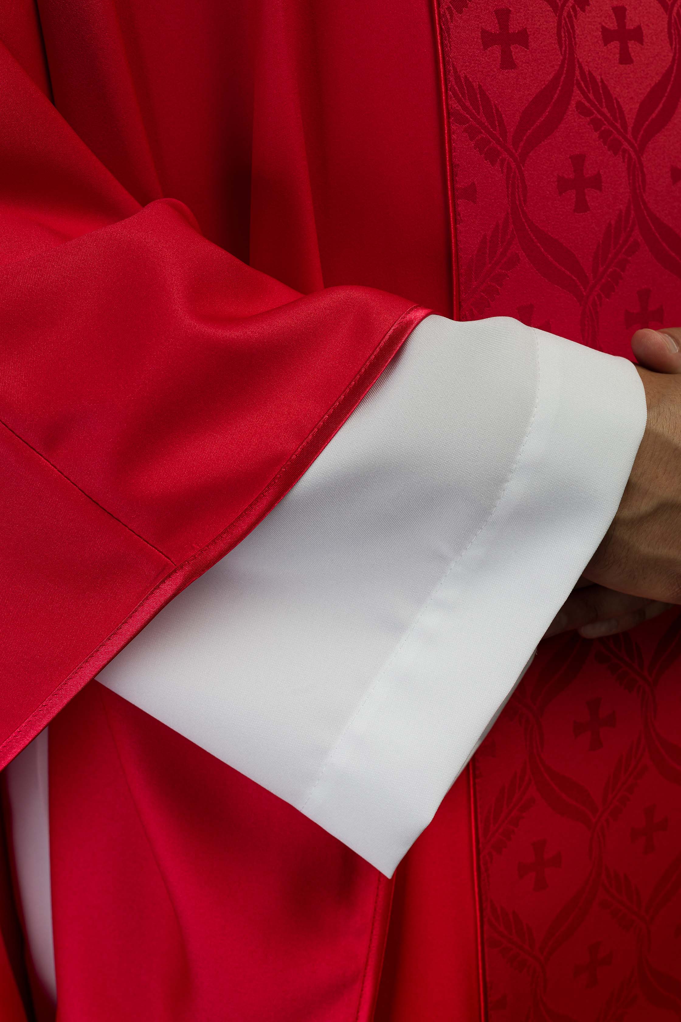 Red Chasuble with Jacquard Orphrey Featuring Cross Motifs - CHASUBLES.COM