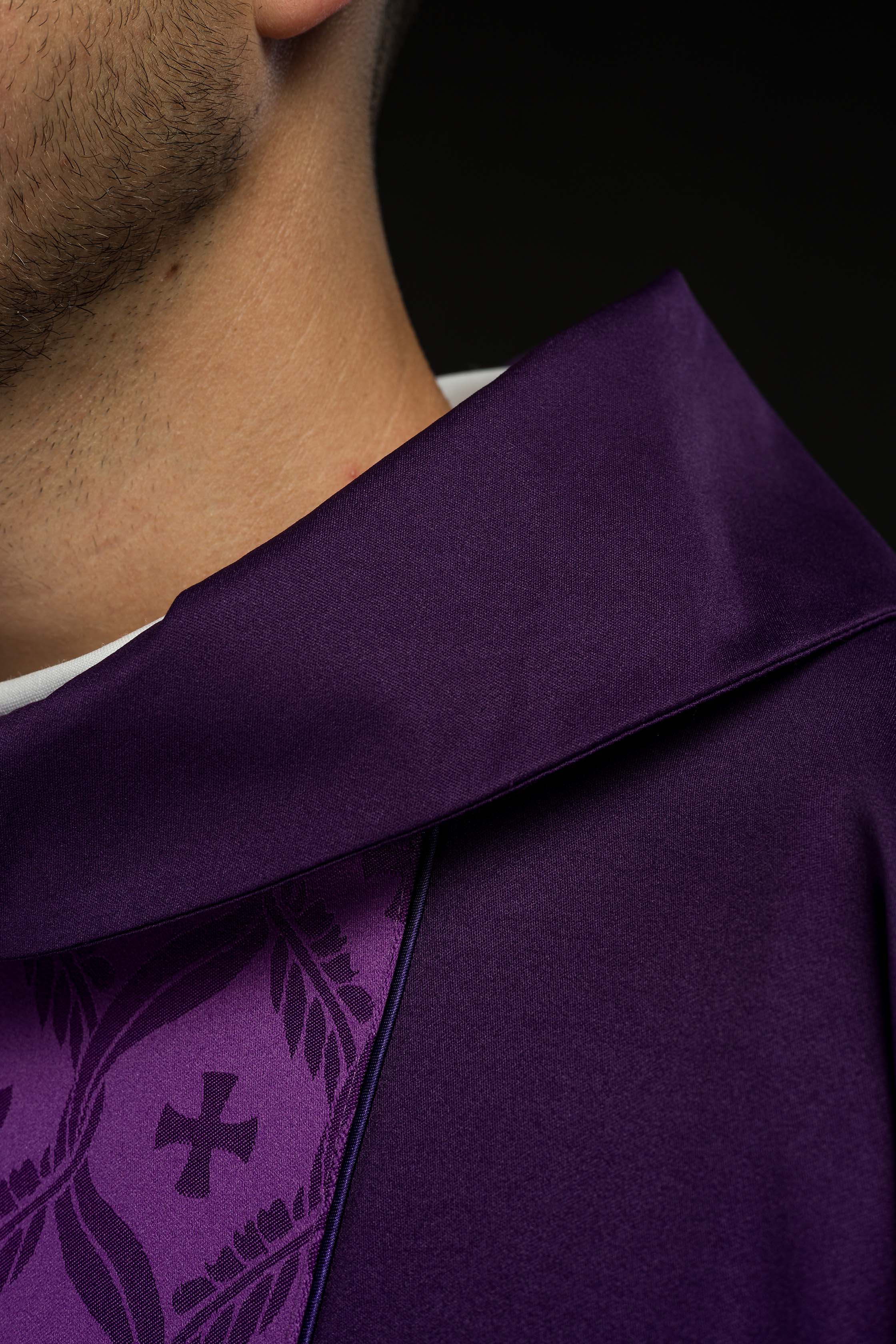 Purple Chasuble with Jacquard Orphrey Featuring Cross Motifs