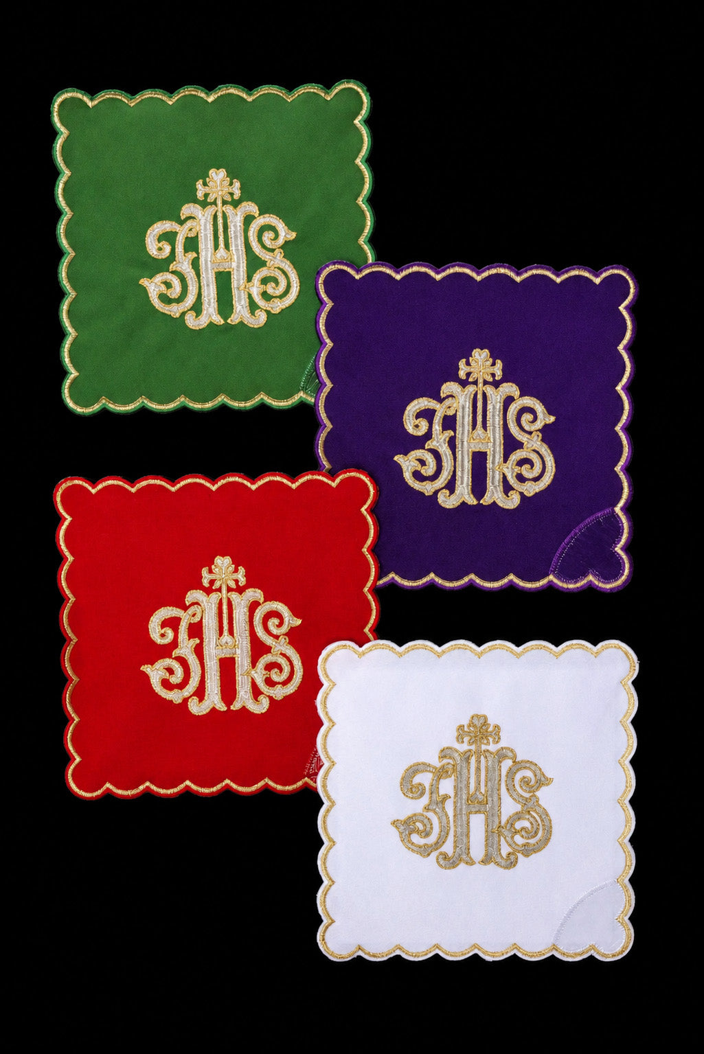 Set of Four Embroidered Chalice Palls with IHS Motif