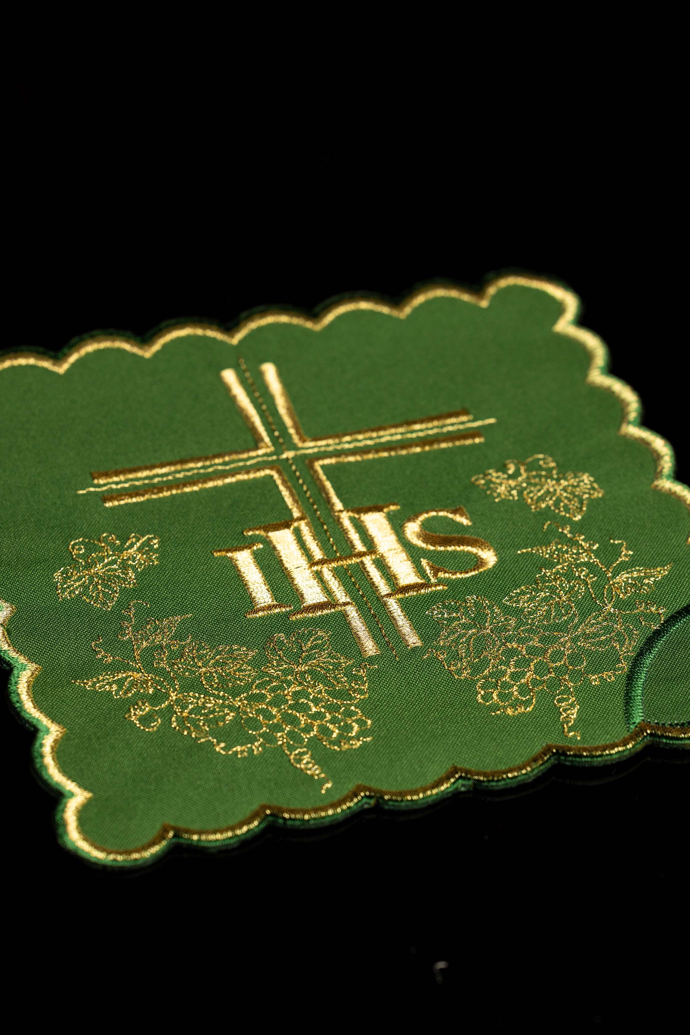 Set of chalice palls with the IHS symbol in four liturgical colors