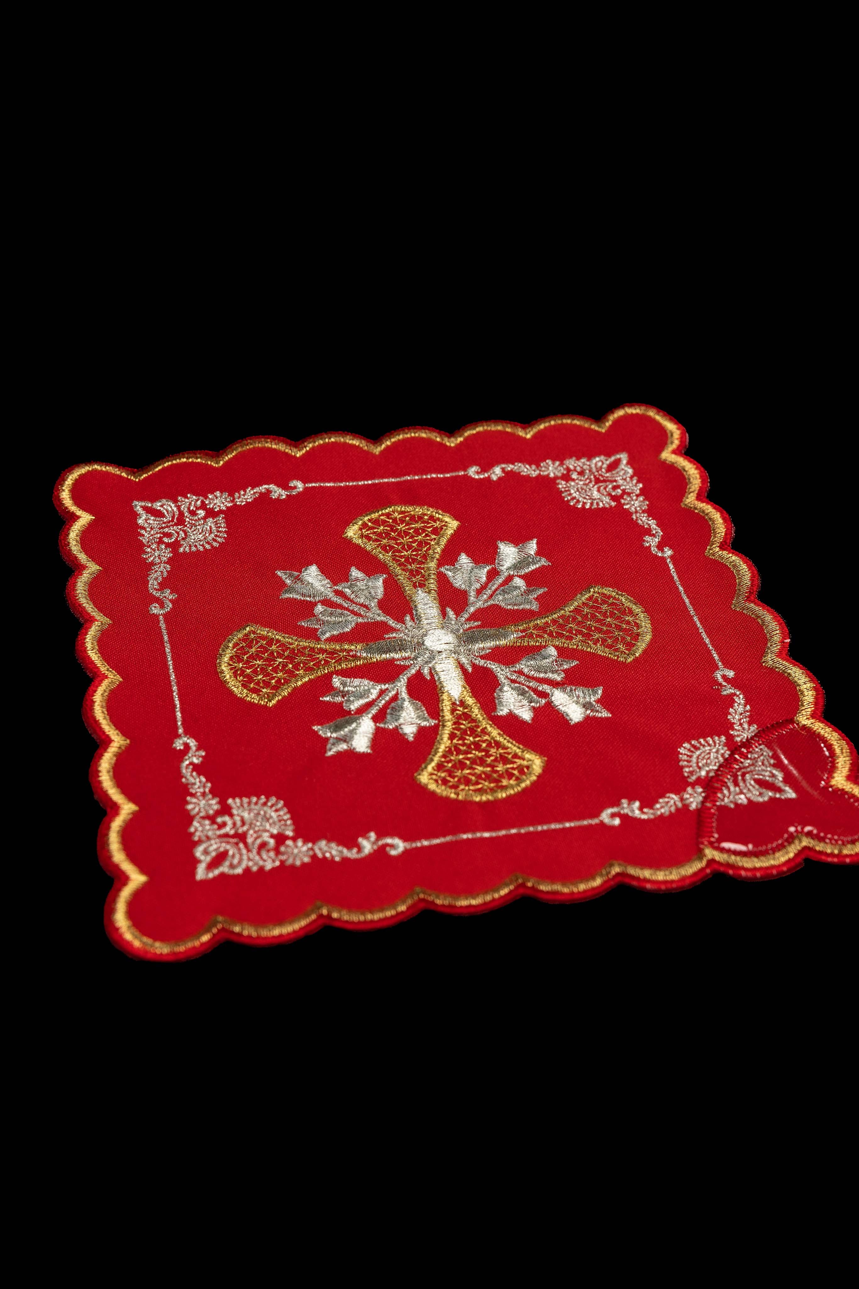 Set of chalice palls with a cross symbol in four liturgical colors