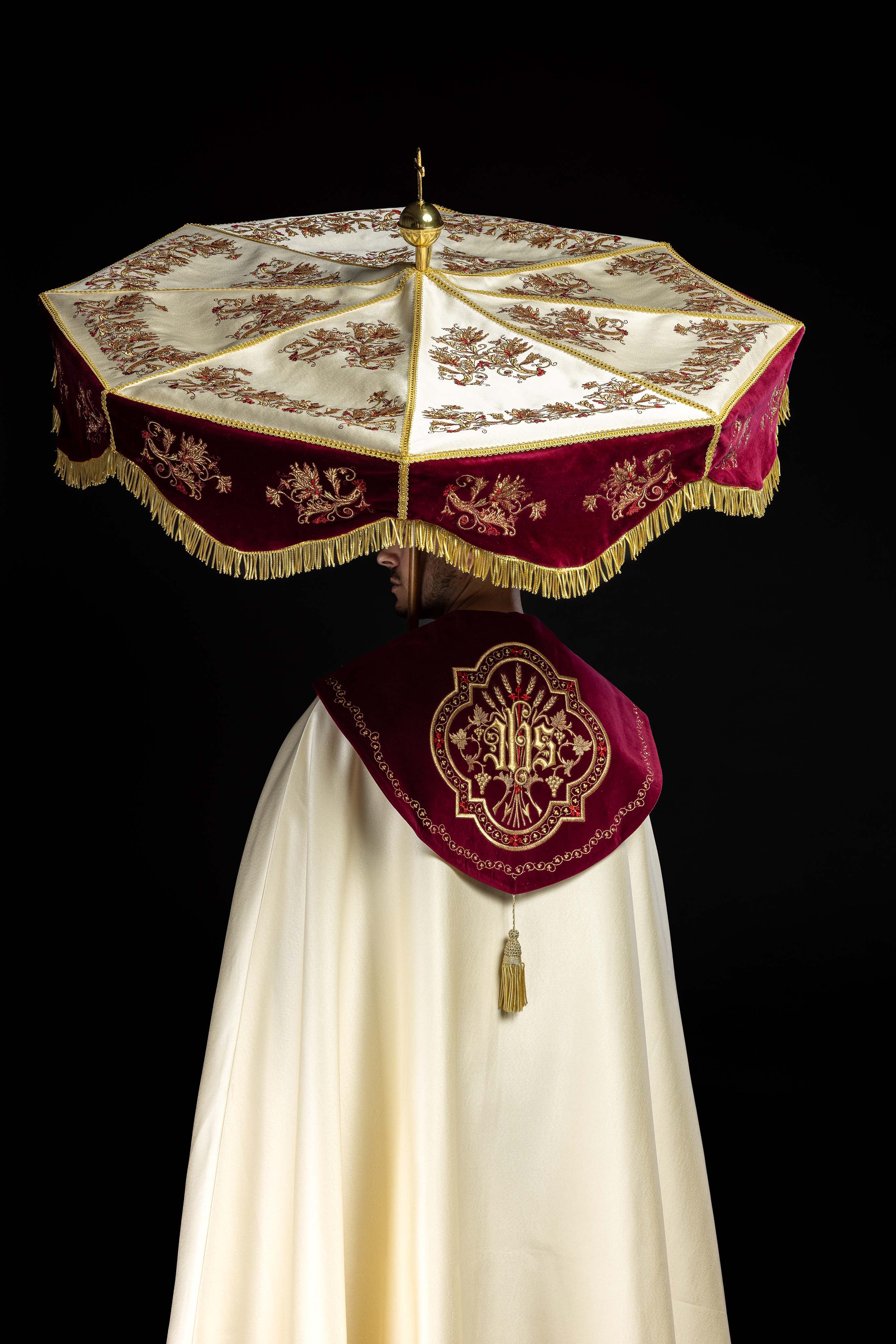 Burgundy Processional Umbrella (Ombrellino) Velvet Gold Embroidery 39 in