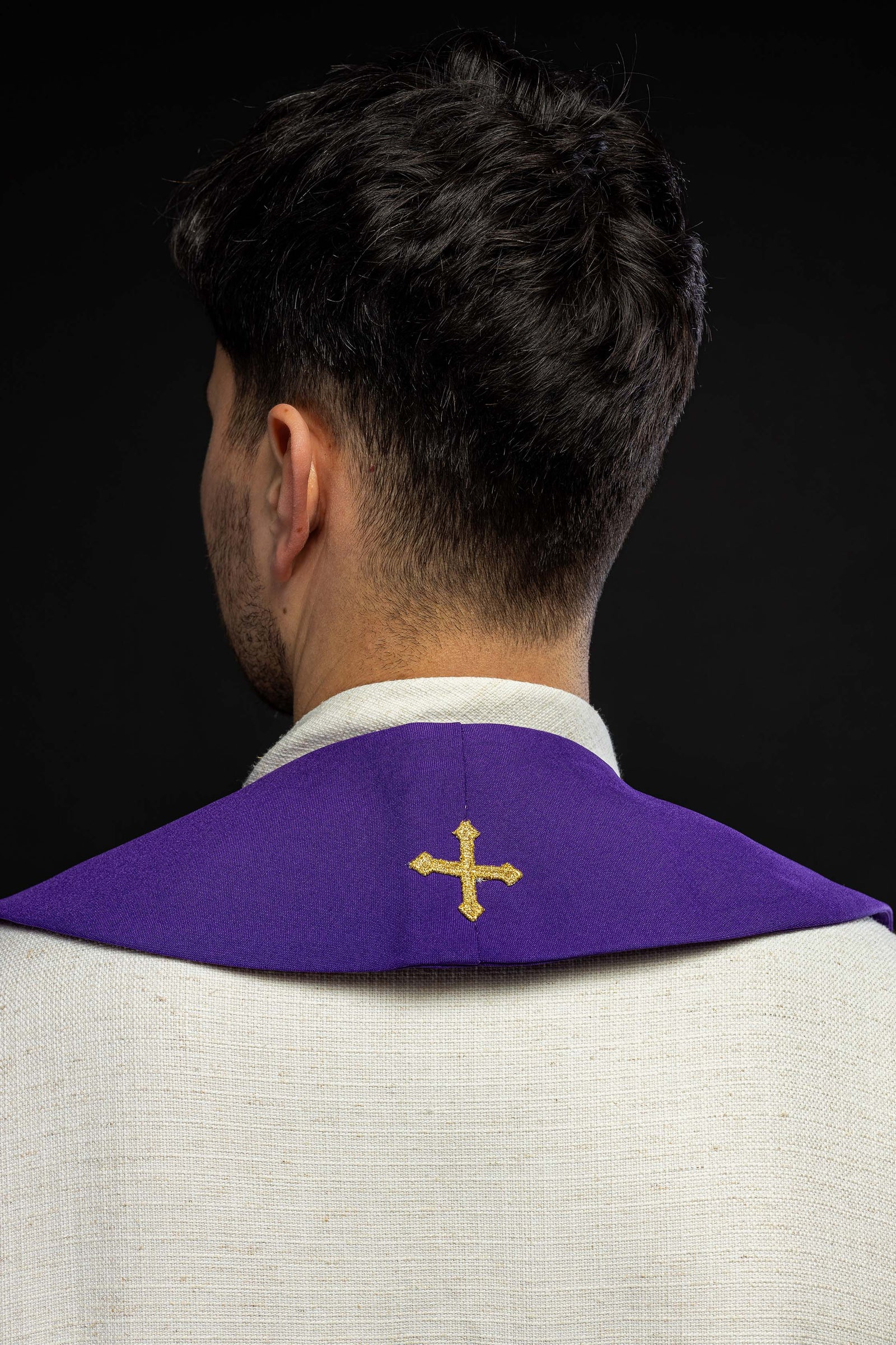 Purple priestly stole embroidered with Alpha and Omega - CHASUBLES.COM
