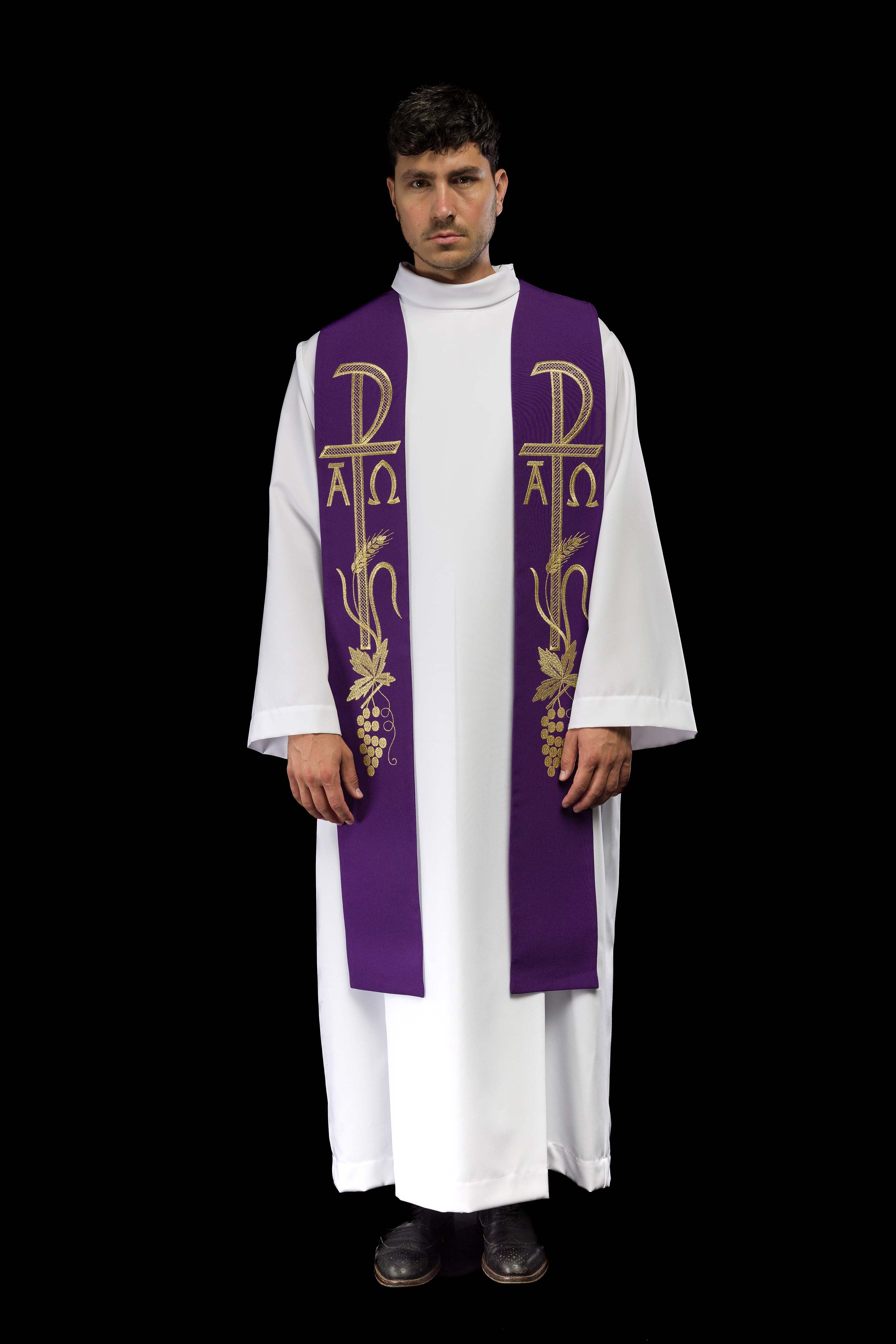 Purple priestly stole embroidered with Alpha and Omega - CHASUBLES.COM