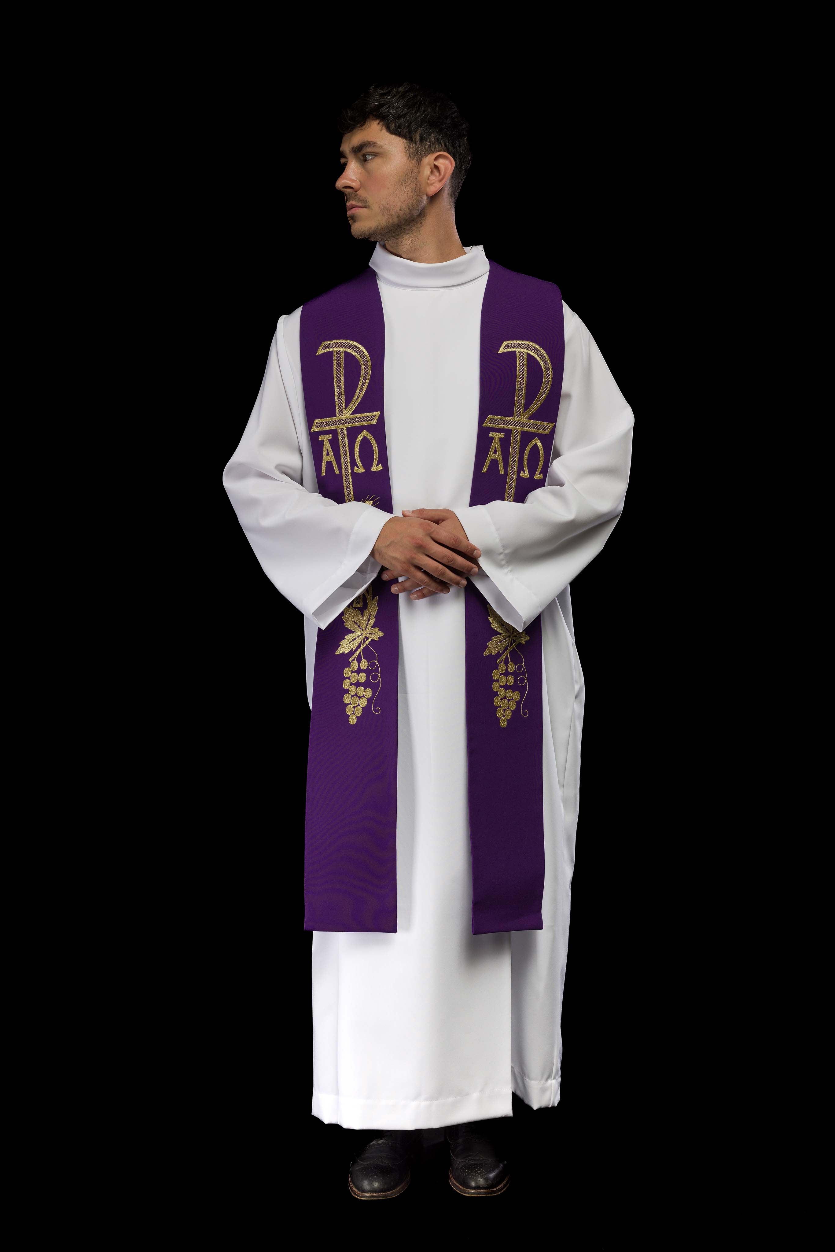 Purple priestly stole embroidered with Alpha and Omega - CHASUBLES.COM