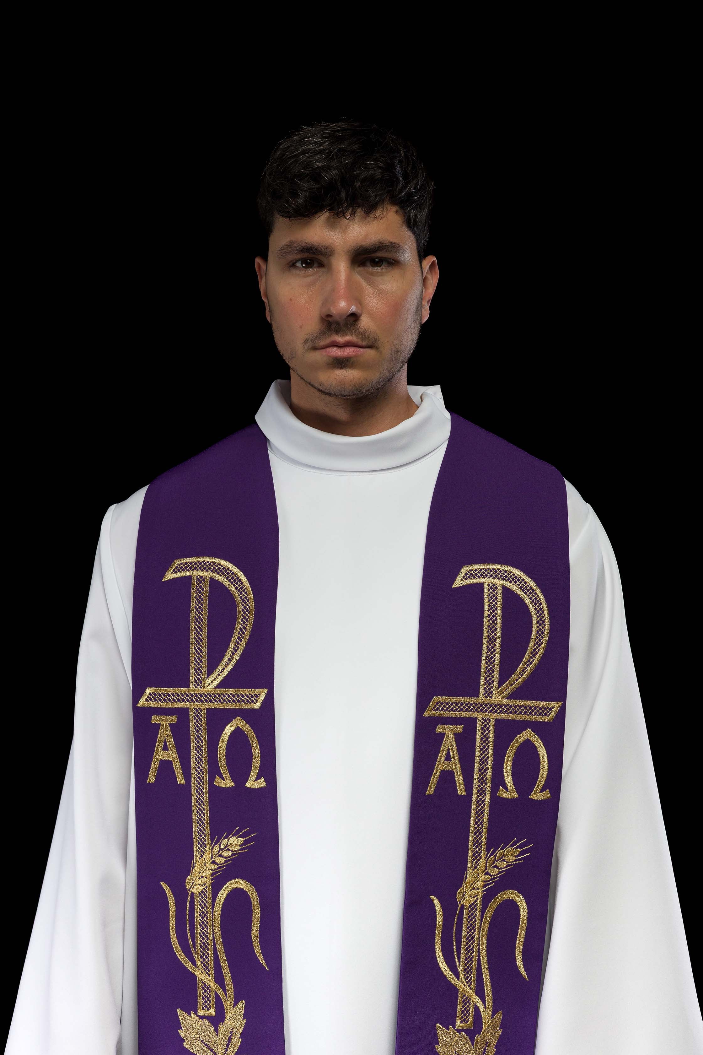 Purple priestly stole embroidered with Alpha and Omega - CHASUBLES.COM