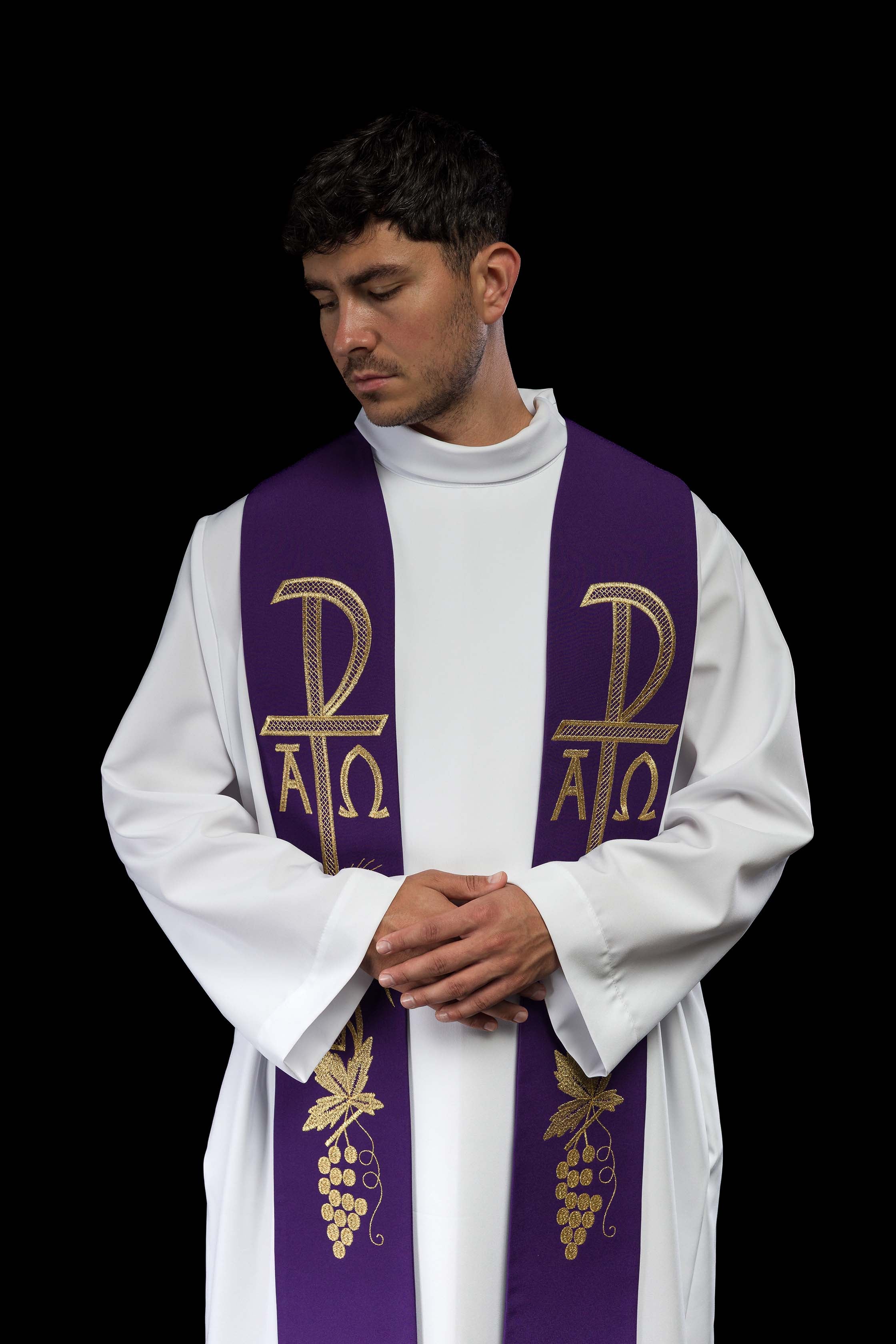 Purple priestly stole embroidered with Alpha and Omega - CHASUBLES.COM