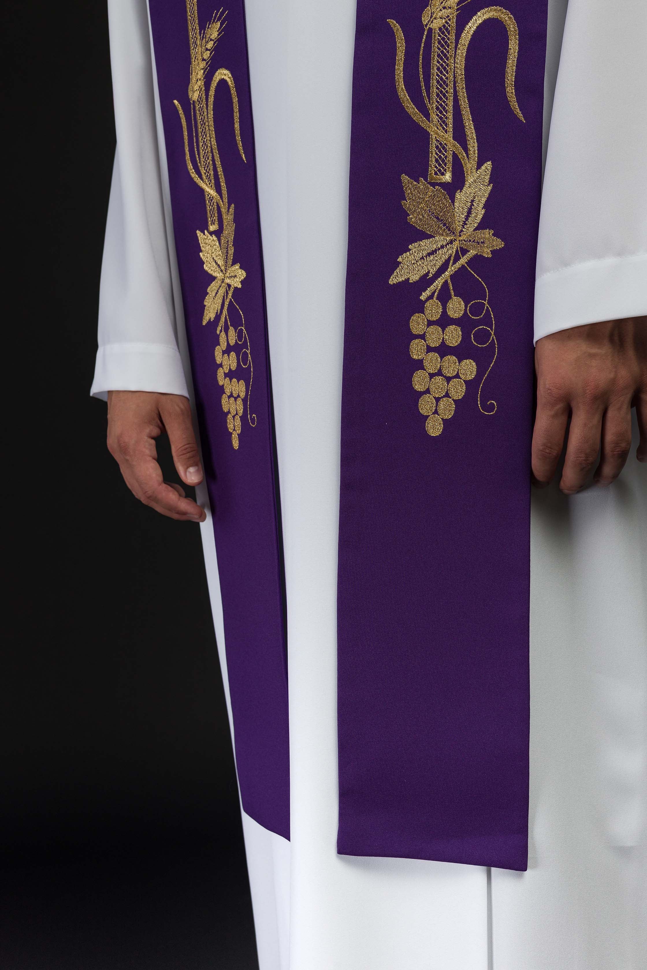 Purple priestly stole embroidered with Alpha and Omega - CHASUBLES.COM
