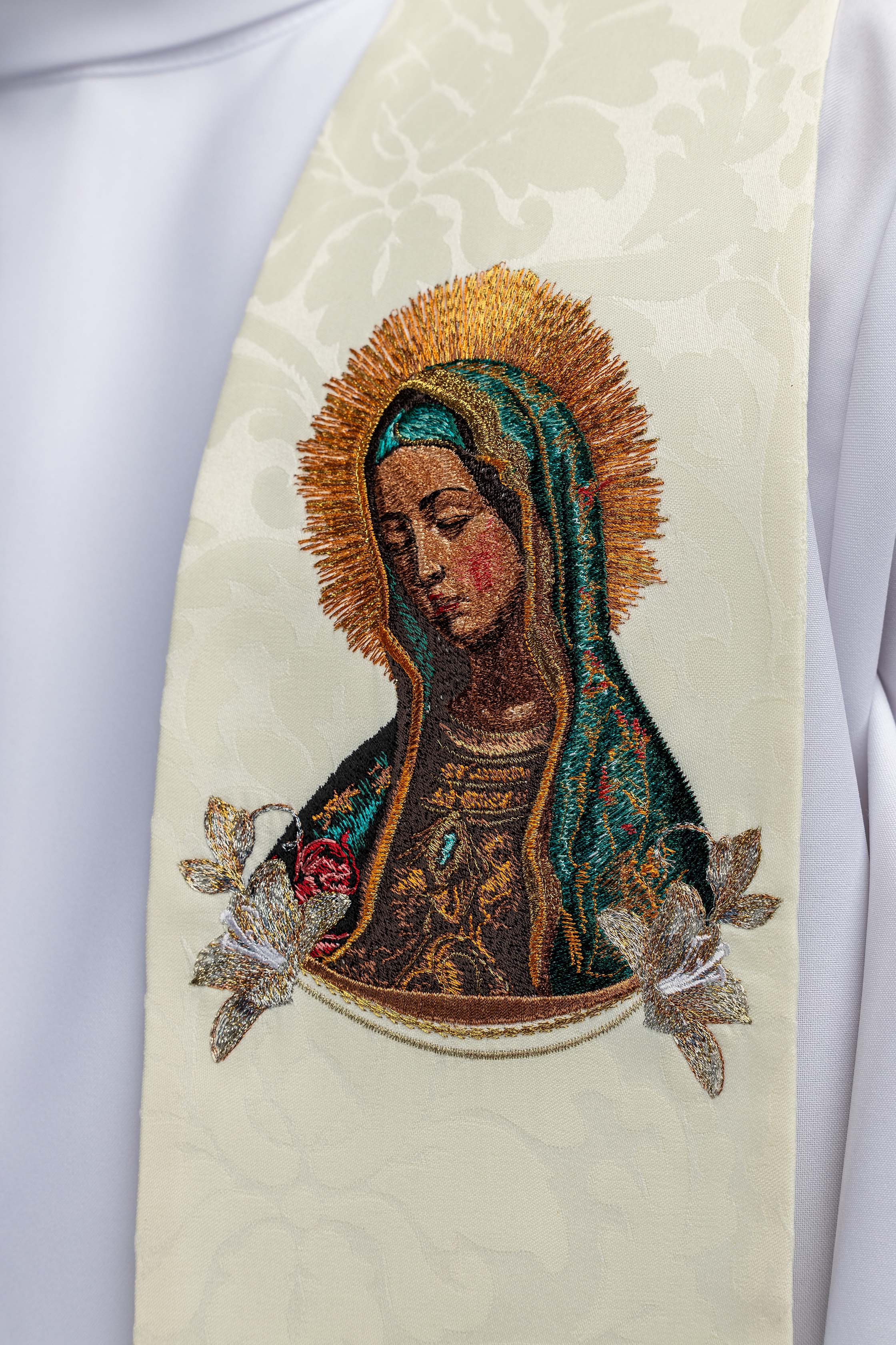 Embroidered stole with the image of Our Lady of Guadalupe