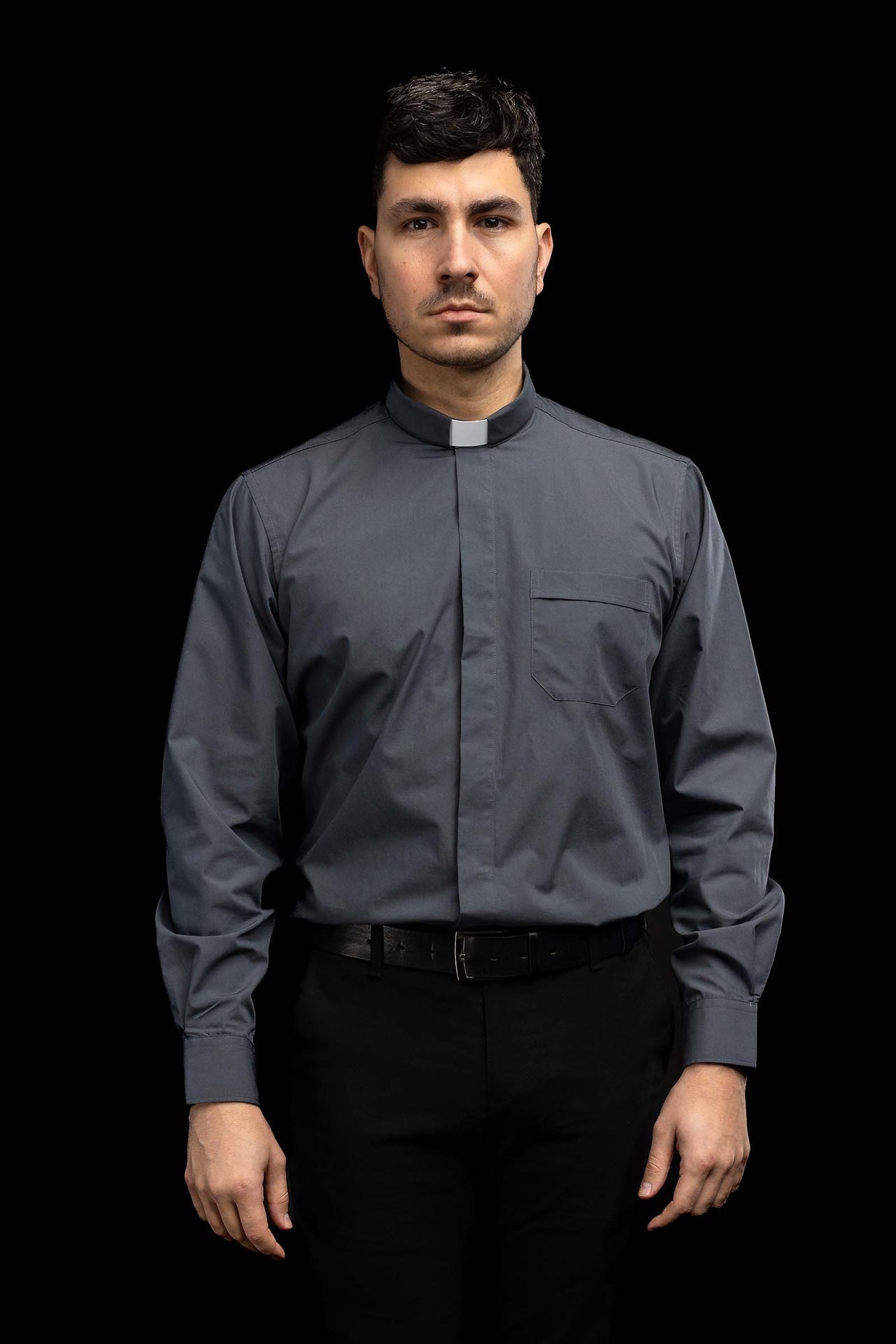 Dark grey long-sleeved clerical shirt with clerical collar