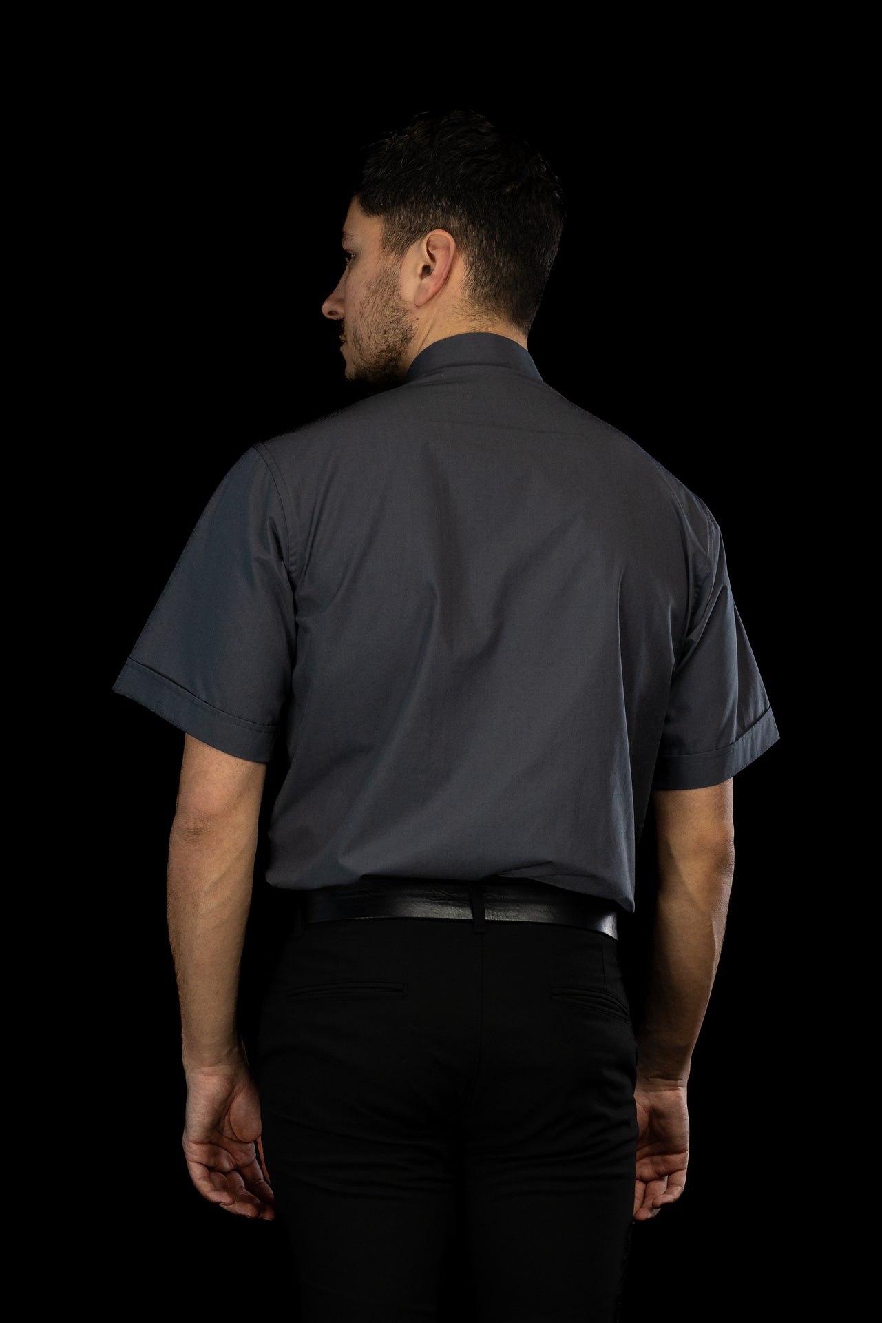 Dark grey short-sleeved clerical shirt with clerical collar