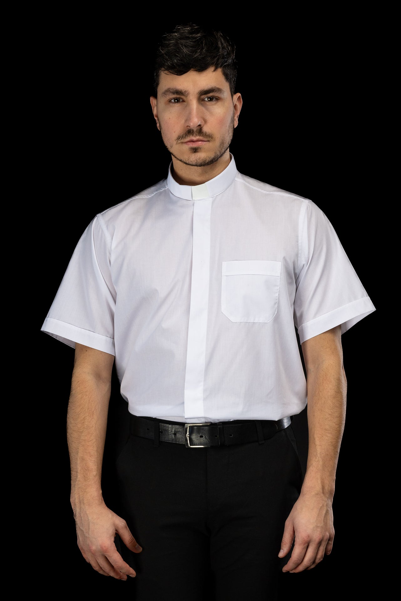 White short-sleeved clerical shirt with clerical collar