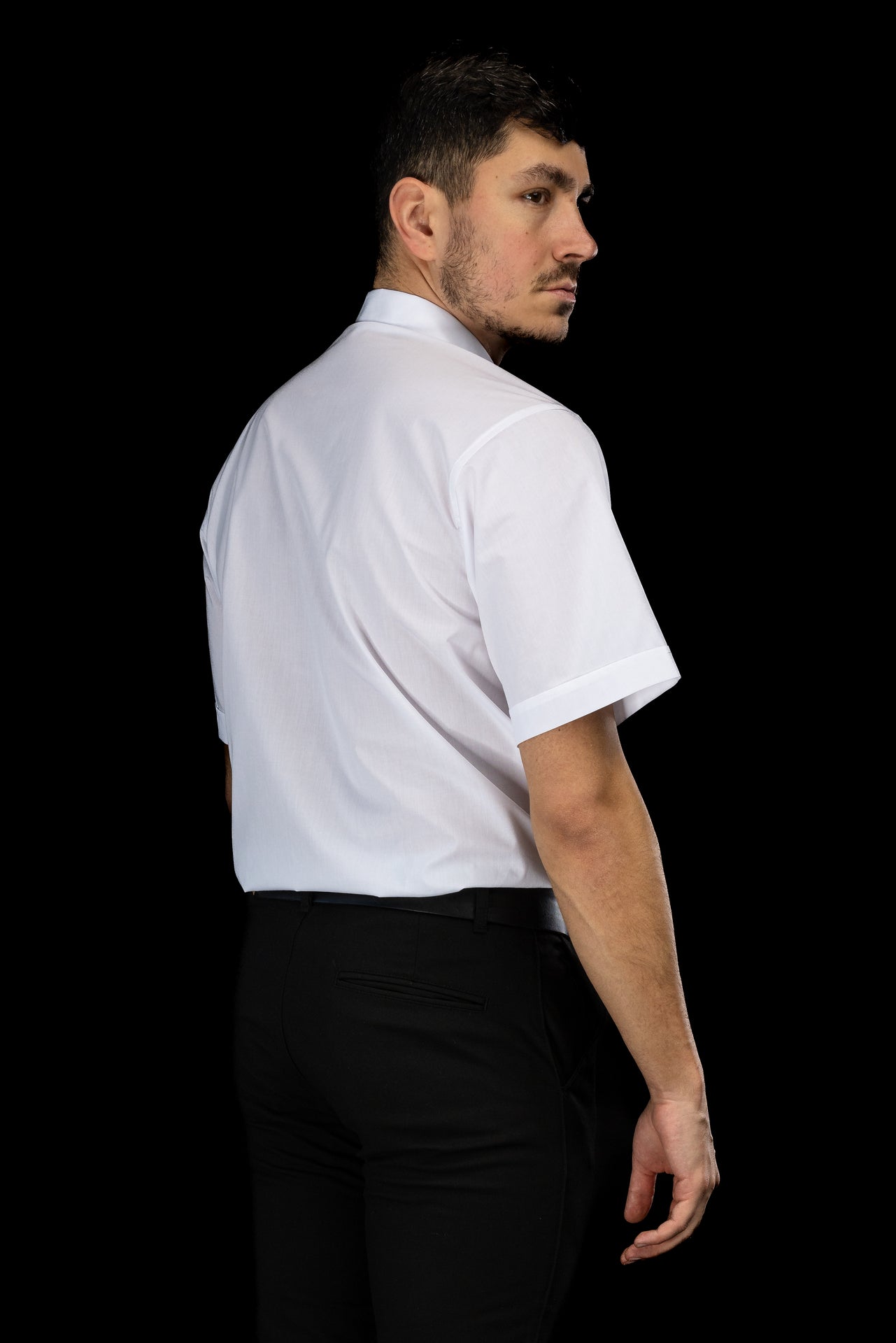 White short-sleeved clerical shirt with clerical collar