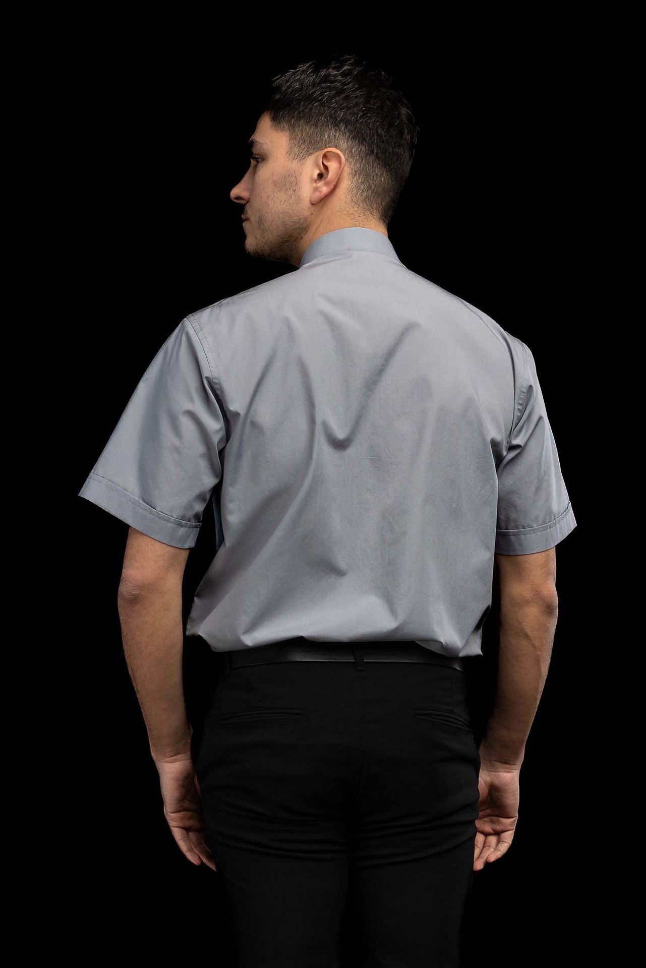Light grey short-sleeved clerical shirt with clerical collar