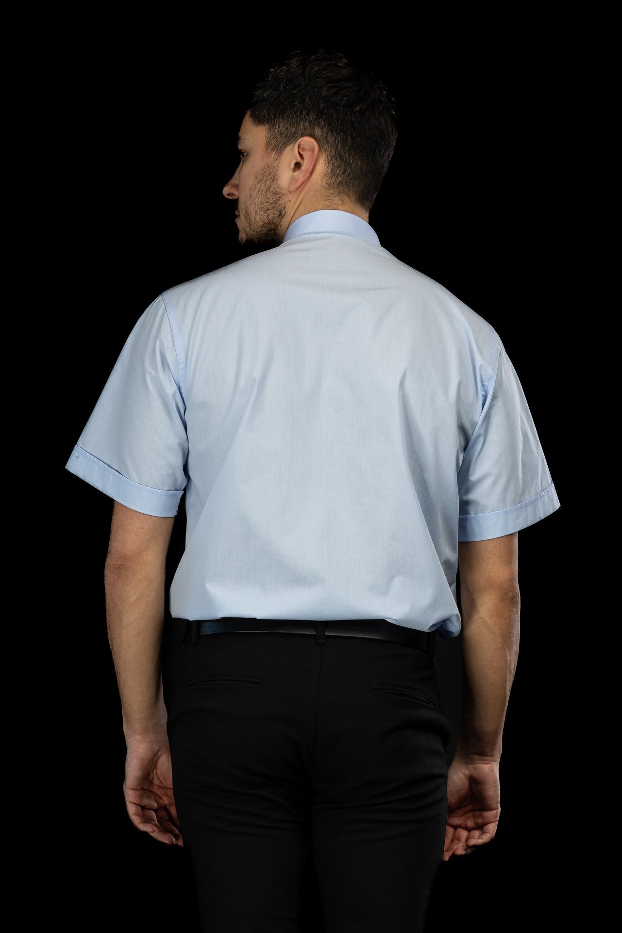 Blue short-sleeved clerical shirt with clerical collar