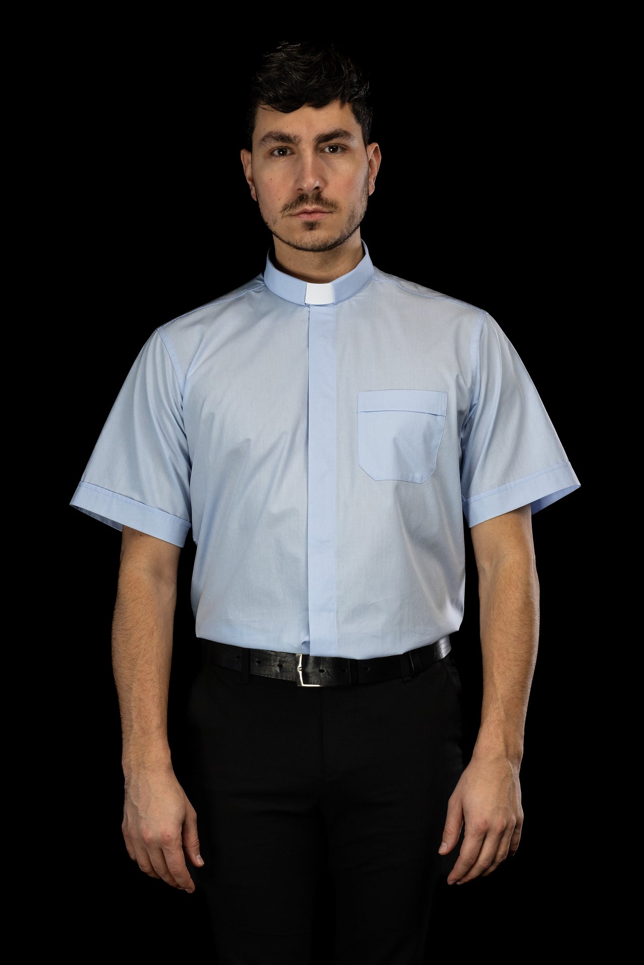 Blue short-sleeved clerical shirt with clerical collar