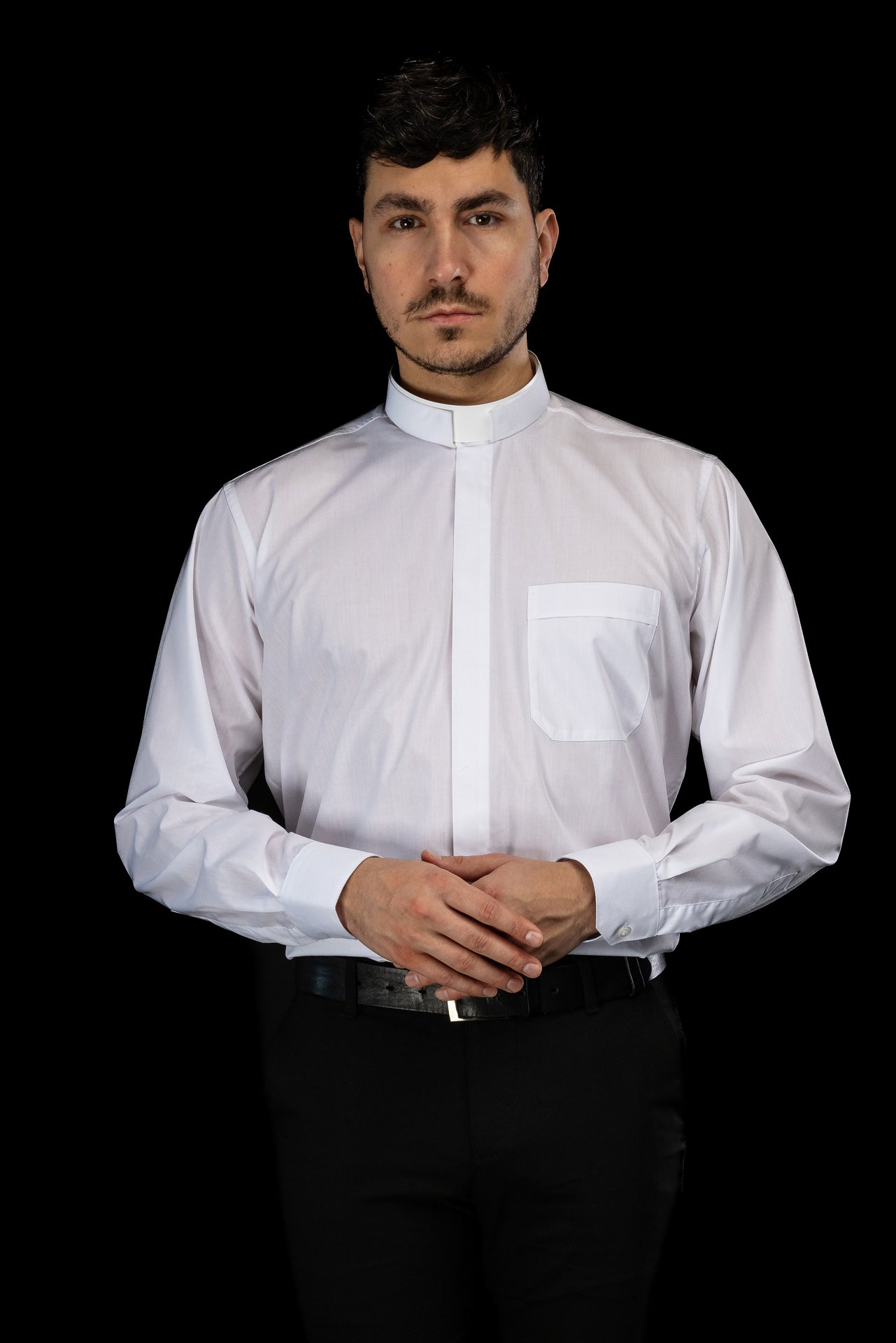White long-sleeved Roman clerical shirt with clerical collar
