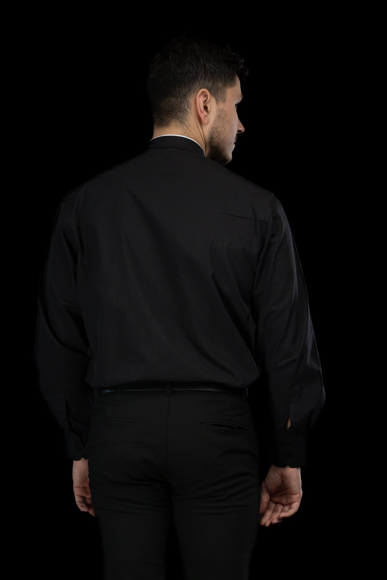 Black long-sleeved Roman clerical shirt with clerical collar