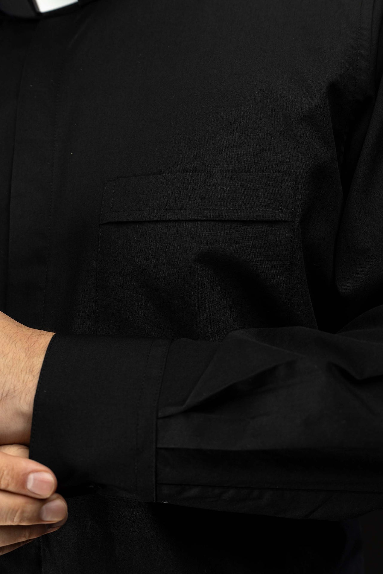 Black long-sleeved Roman clerical shirt with clerical collar