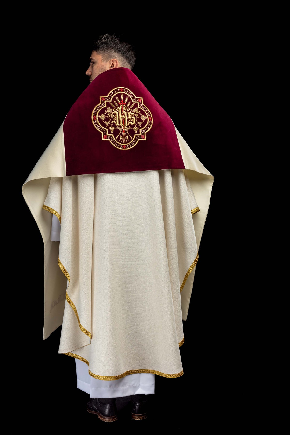 Ecru Humeral Veil with IHS Embroidery on Burgundy Velvet