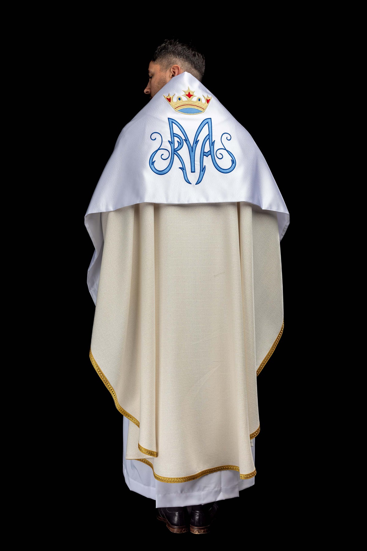 White Humeral Veil with Embroidered Marian Symbol