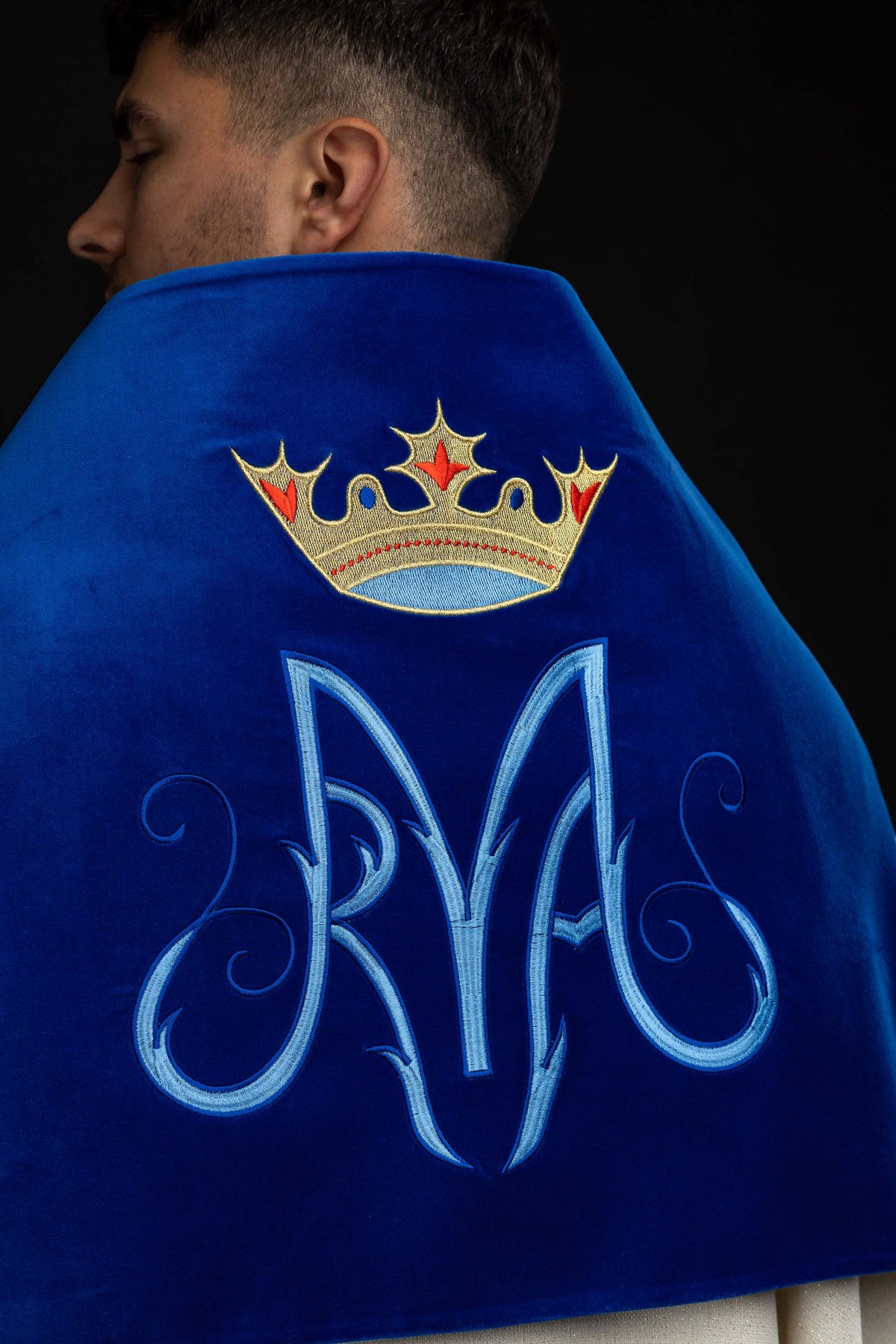 Ecru Humeral Veil with Marian Embroidery on Blue Velvet