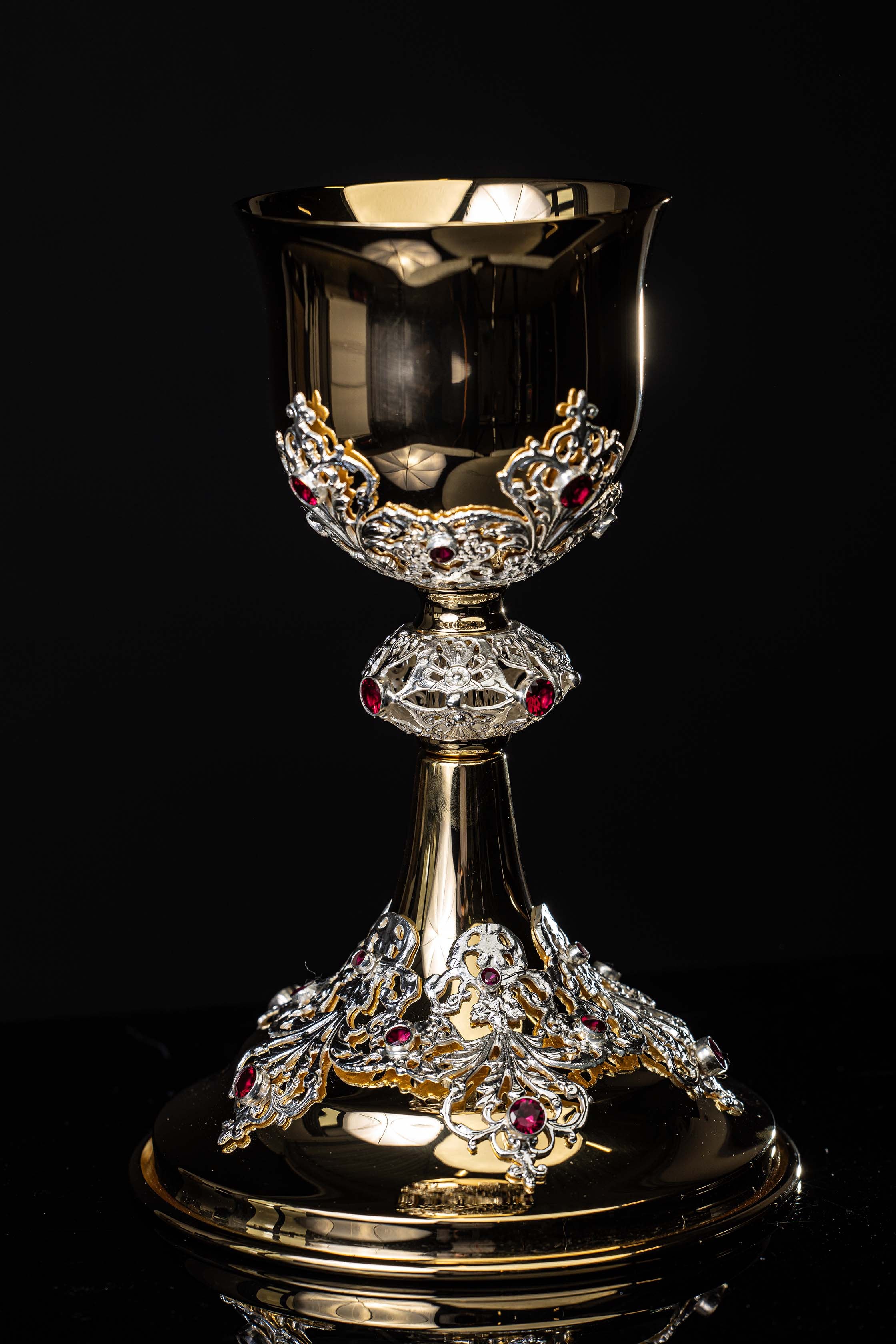 Handcrafted gilded chalice decorated with rubies