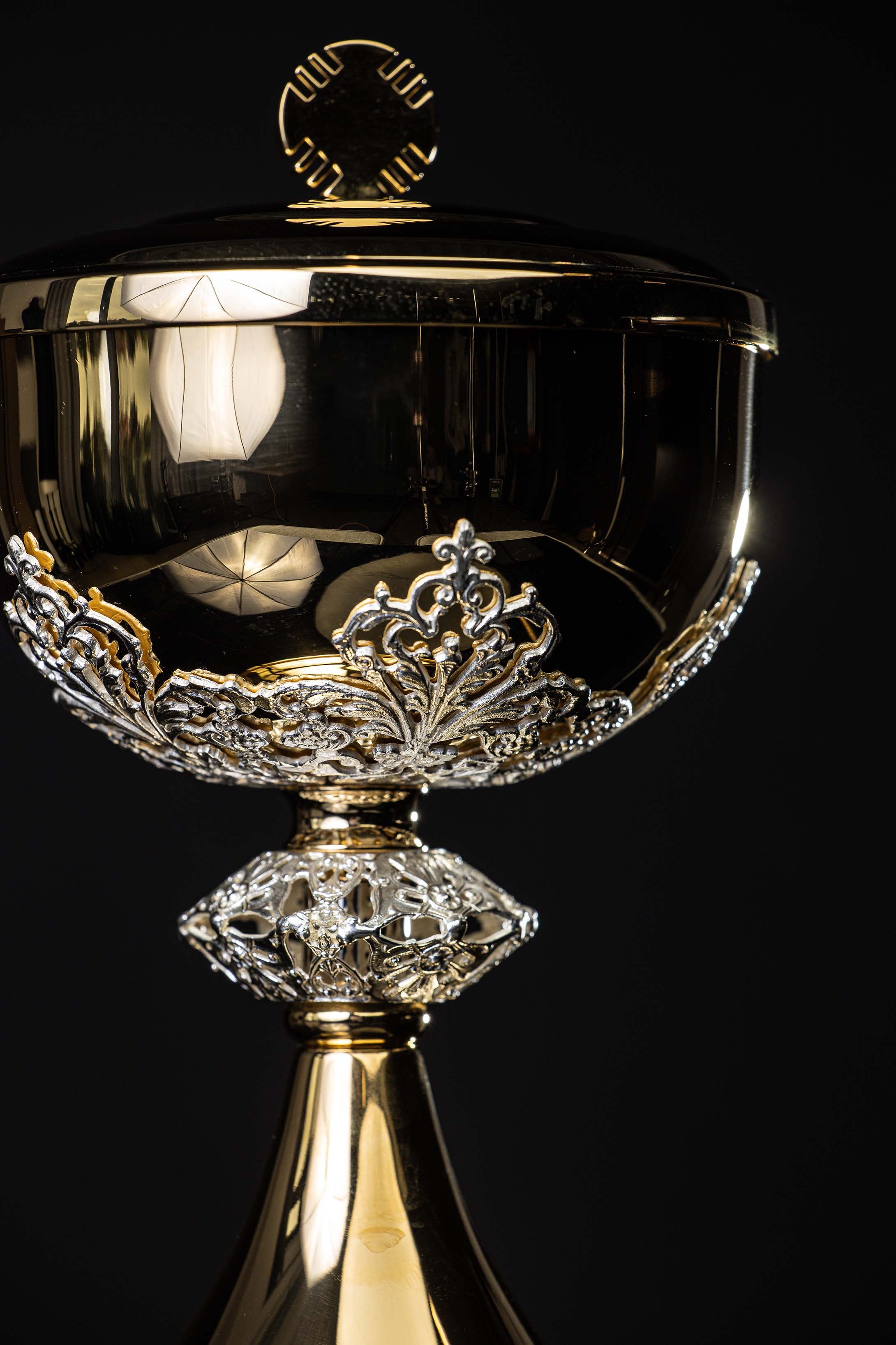 Handcrafted gilded brass ciborium with silver-plated decorations