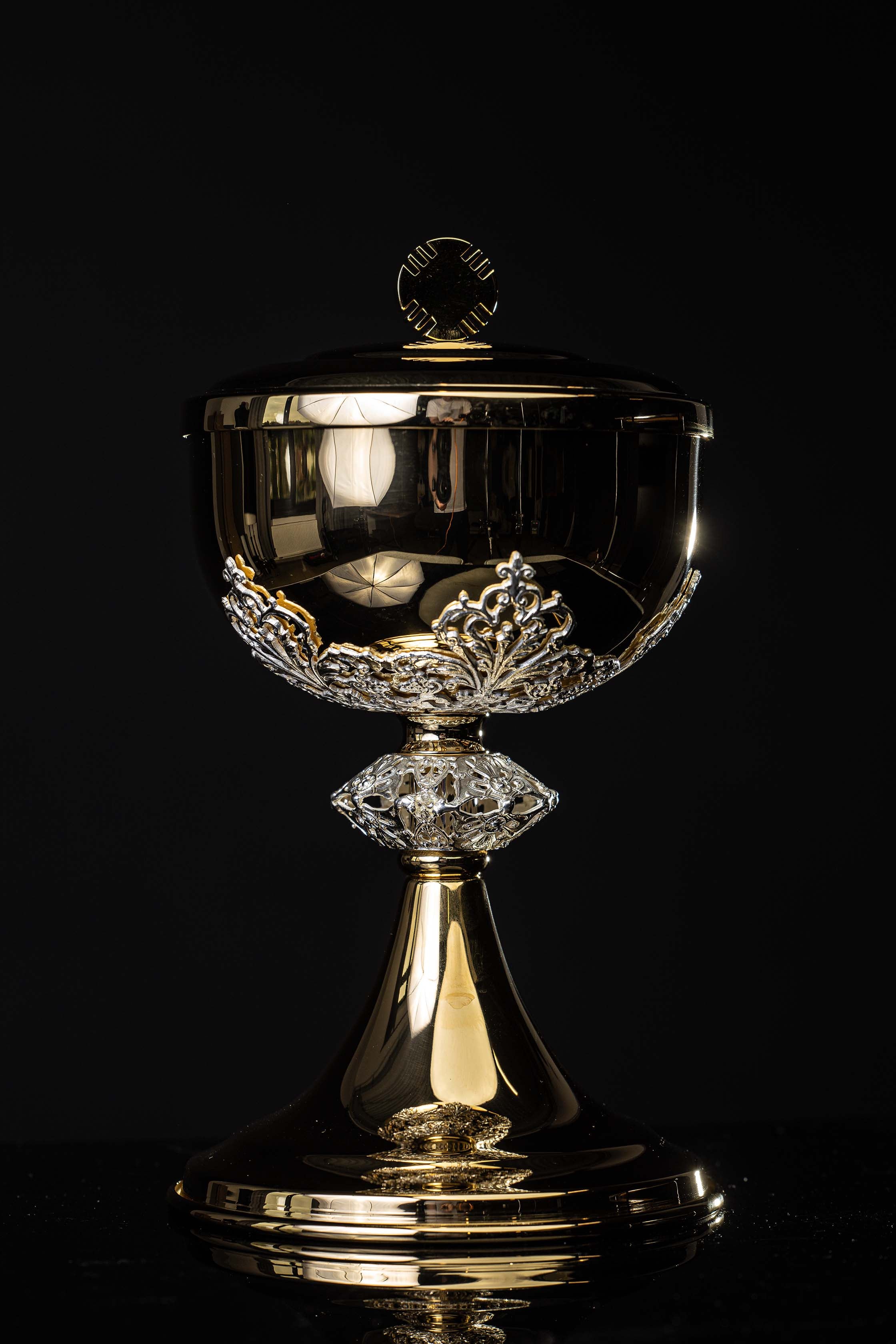 Handcrafted gilded brass ciborium with silver-plated decorations