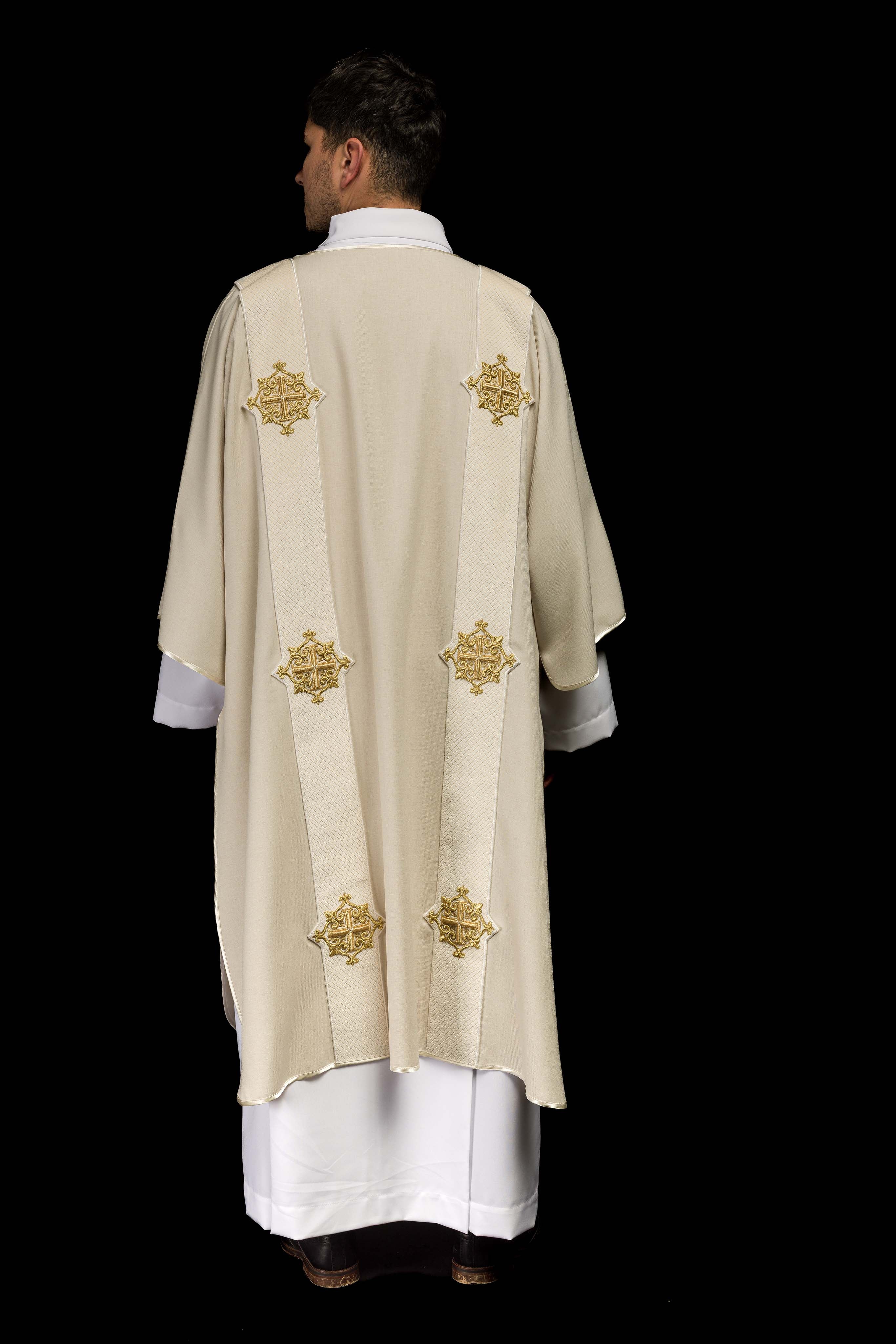 Ecru dalmatic with velvet bands and cross symbols - CHASUBLES.COM