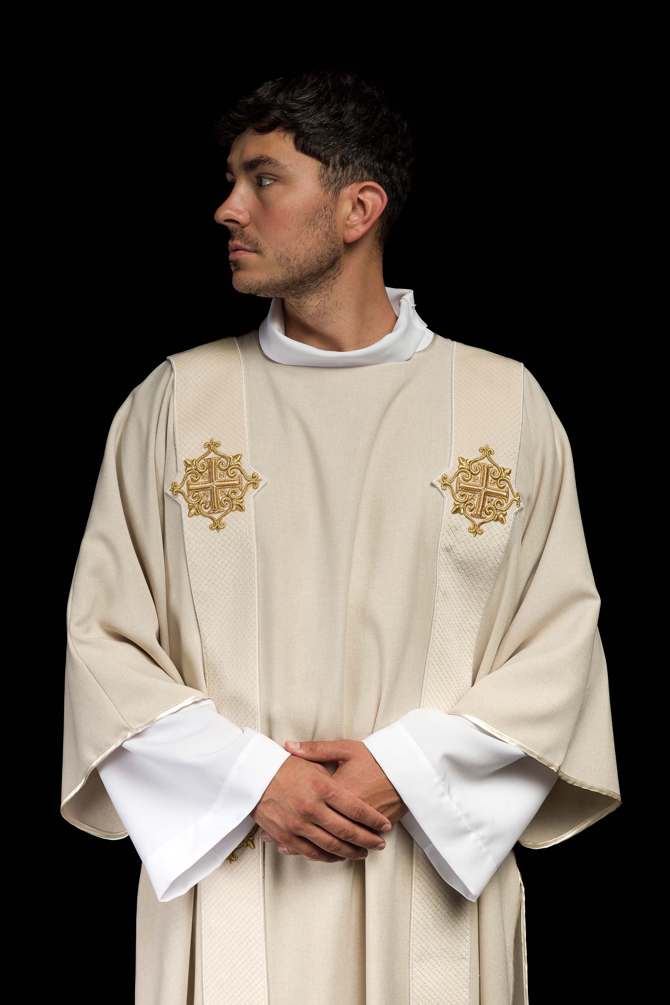 Ecru dalmatic with velvet bands and cross symbols - CHASUBLES.COM