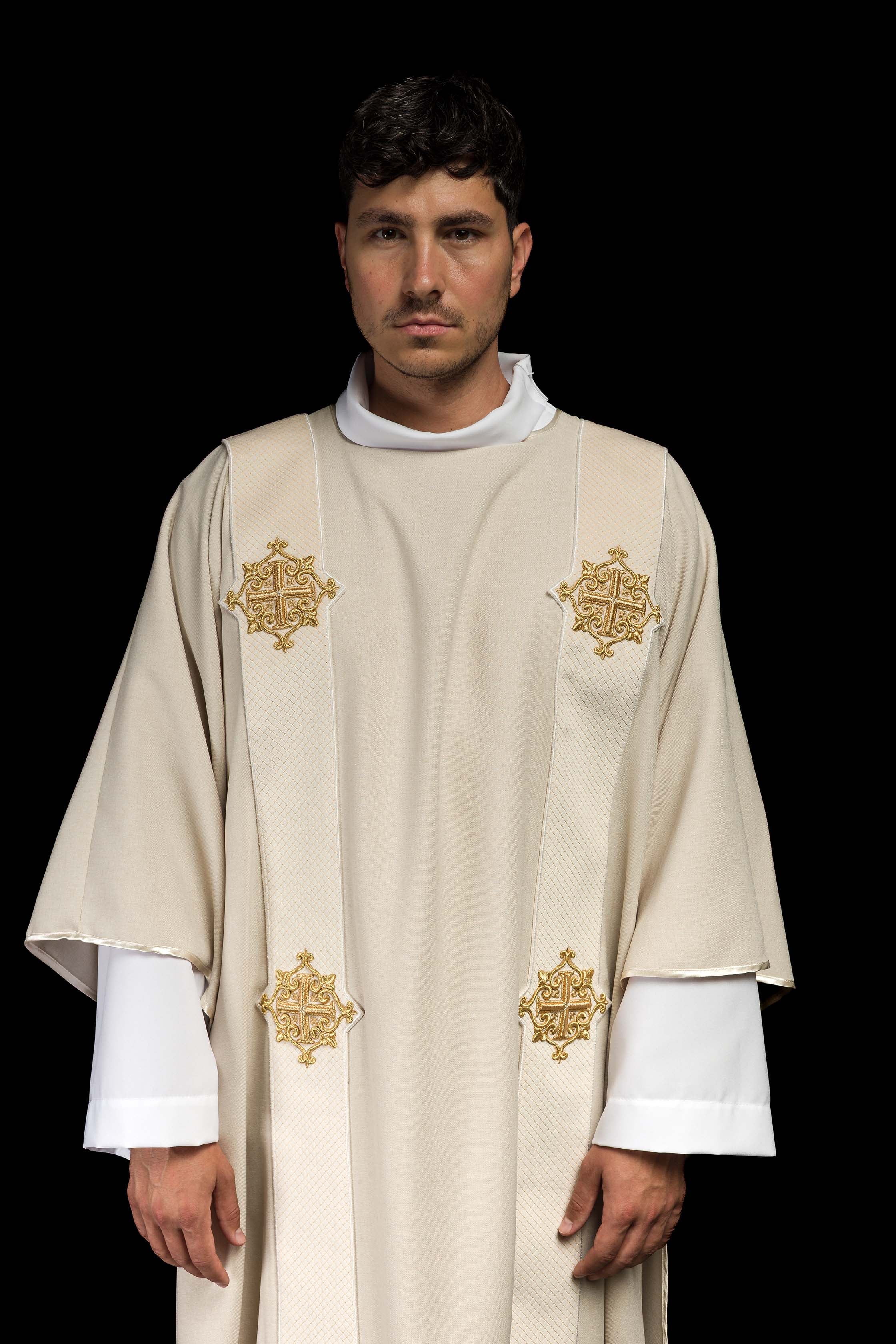 Ecru dalmatic with velvet bands and cross symbols - CHASUBLES.COM