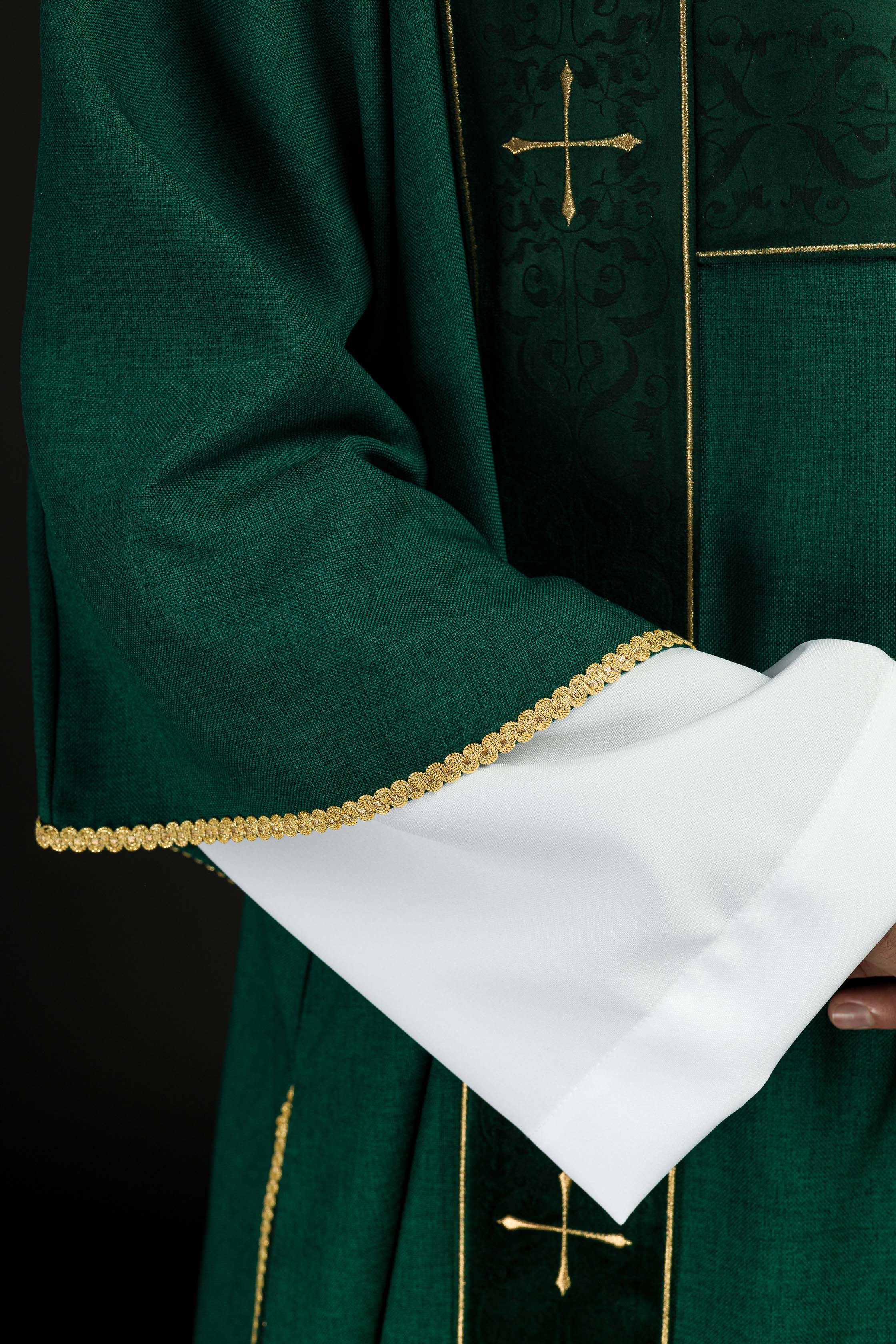 Green dalmatic with velvet bands and embroidered golden crosses - CHASUBLES.COM