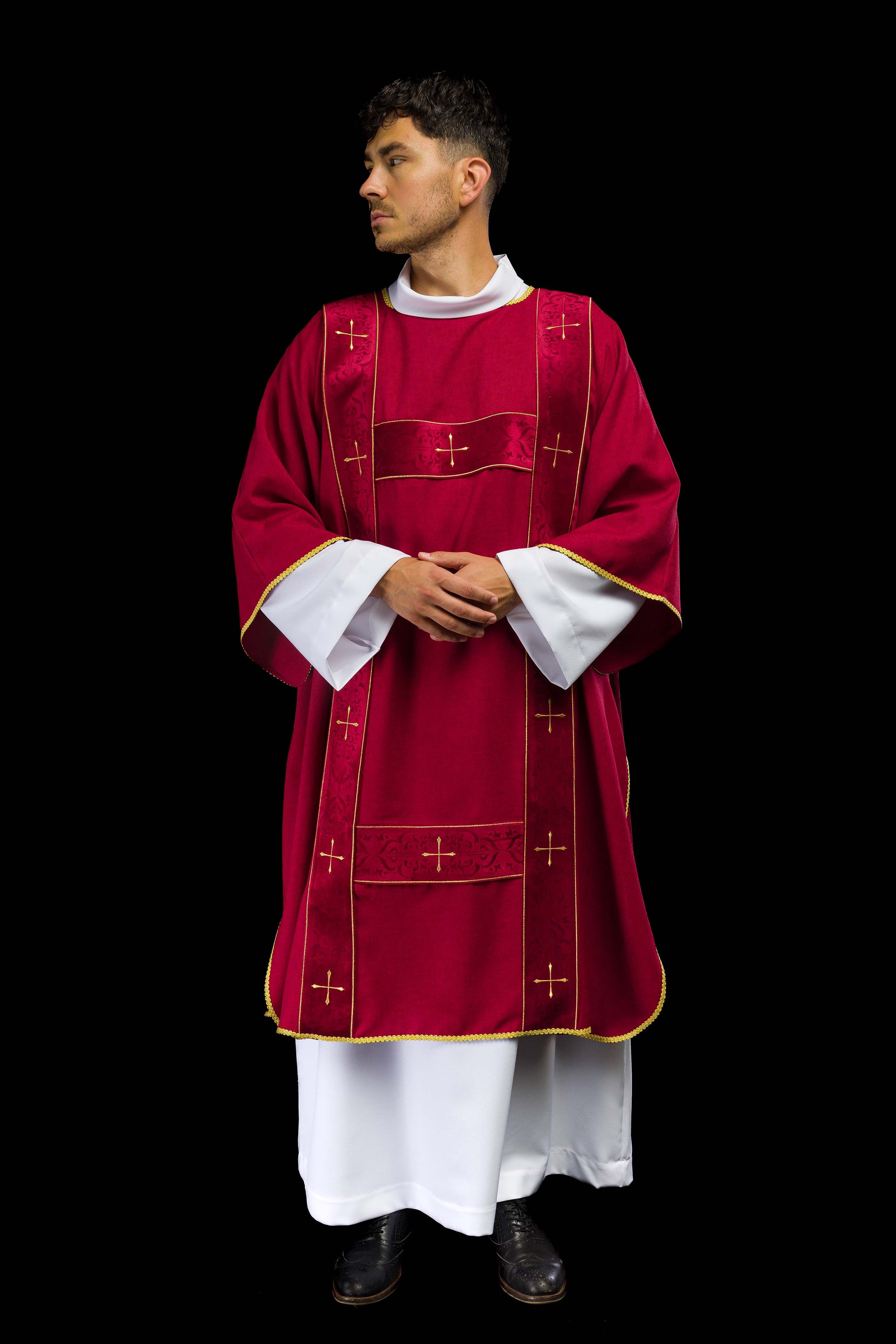 Dalmatic with velvet bands and embroidered golden crosses in red - CHASUBLES.COM