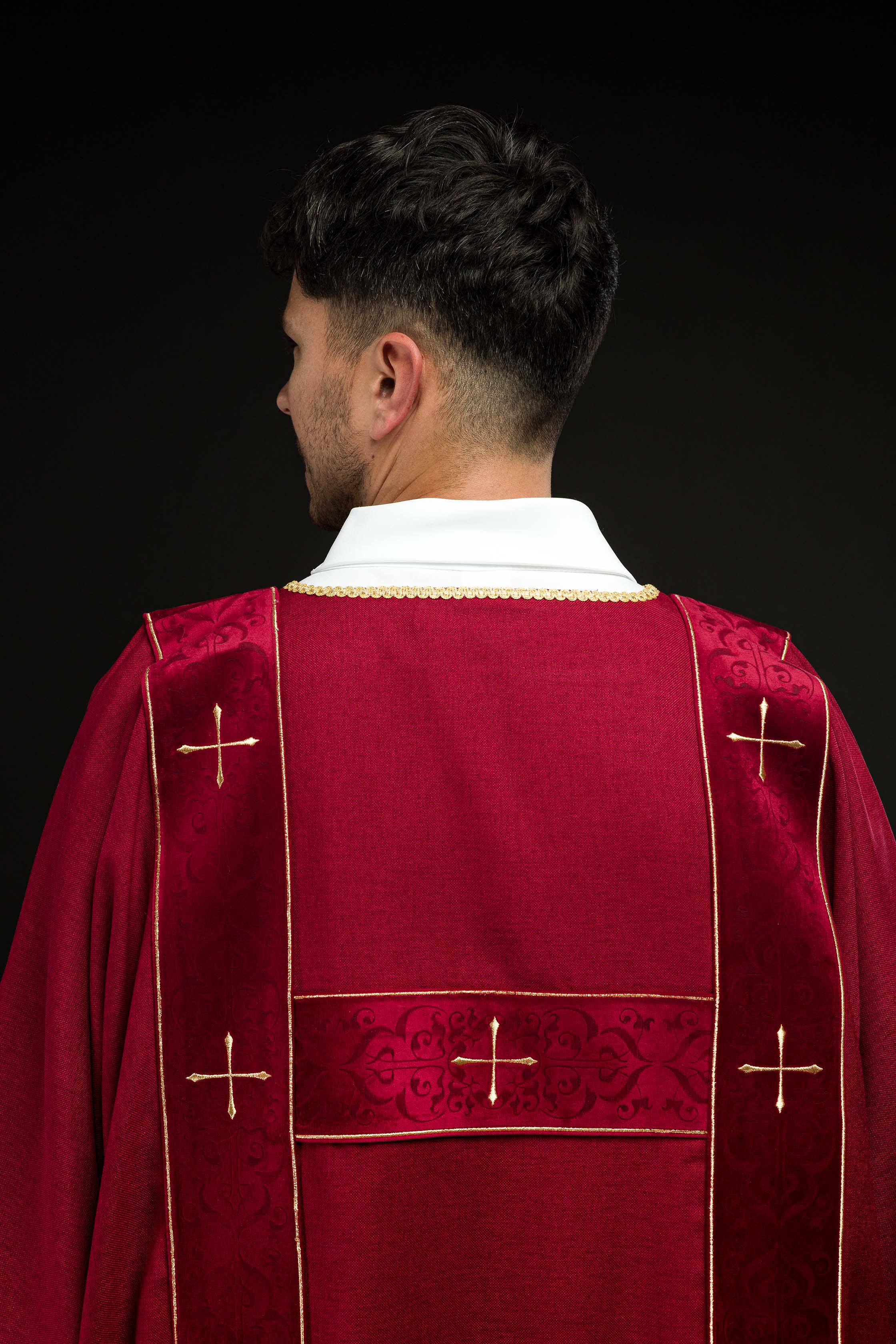 Dalmatic with velvet bands and embroidered golden crosses in red - CHASUBLES.COM