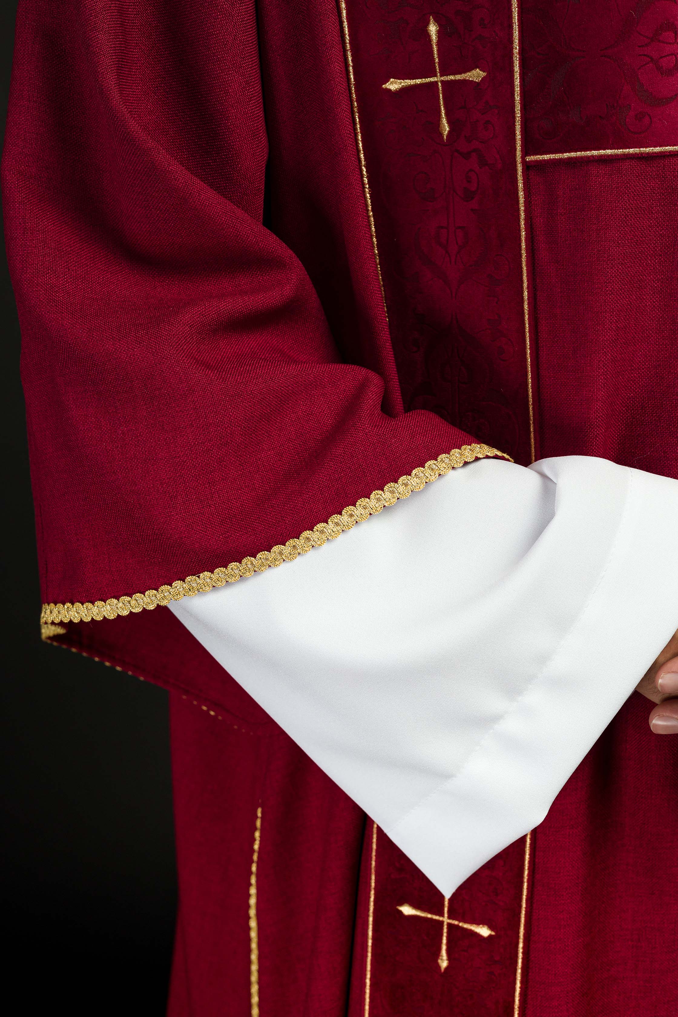 Dalmatic with velvet bands and embroidered golden crosses in red - CHASUBLES.COM