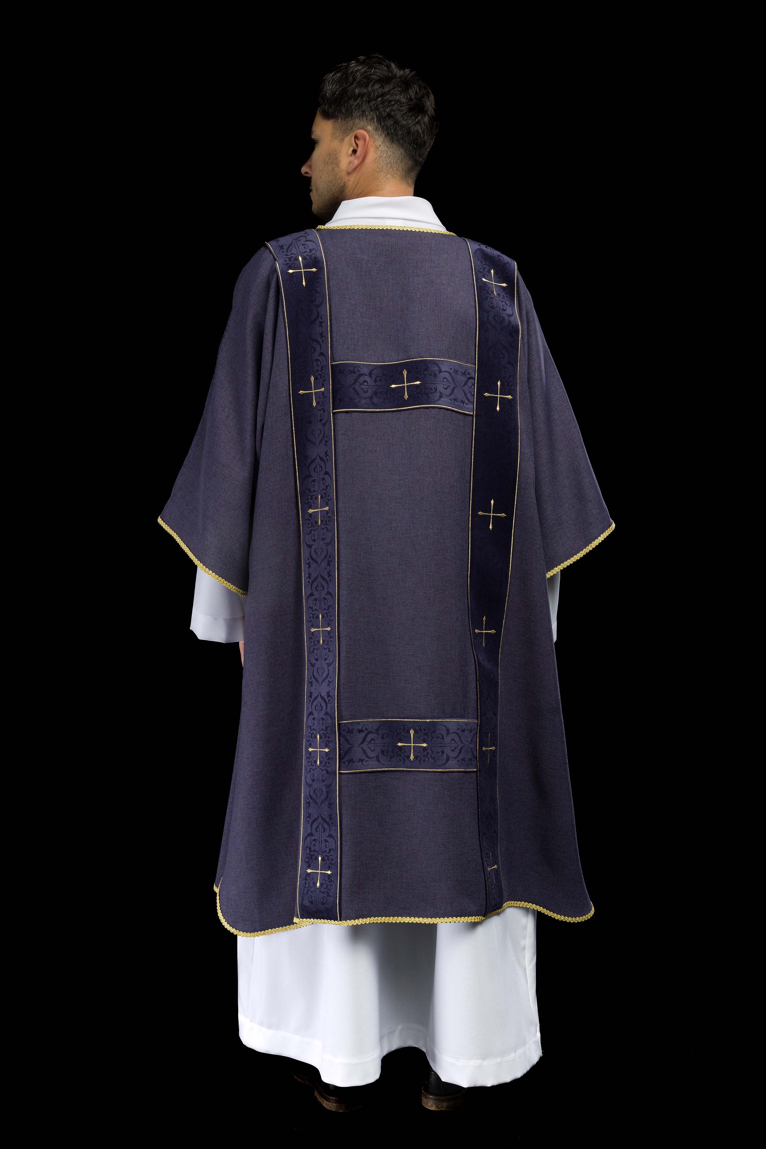 Purple dalmatic with velvet bands and embroidered golden crosses - CHASUBLES.COM