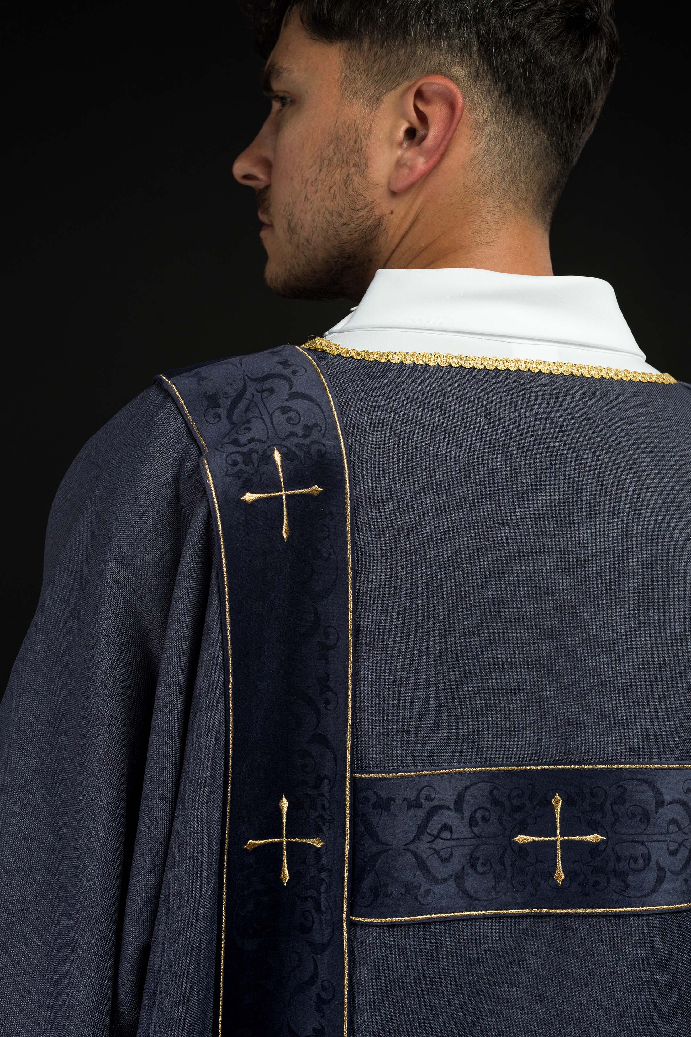 Purple dalmatic with velvet bands and embroidered golden crosses - CHASUBLES.COM