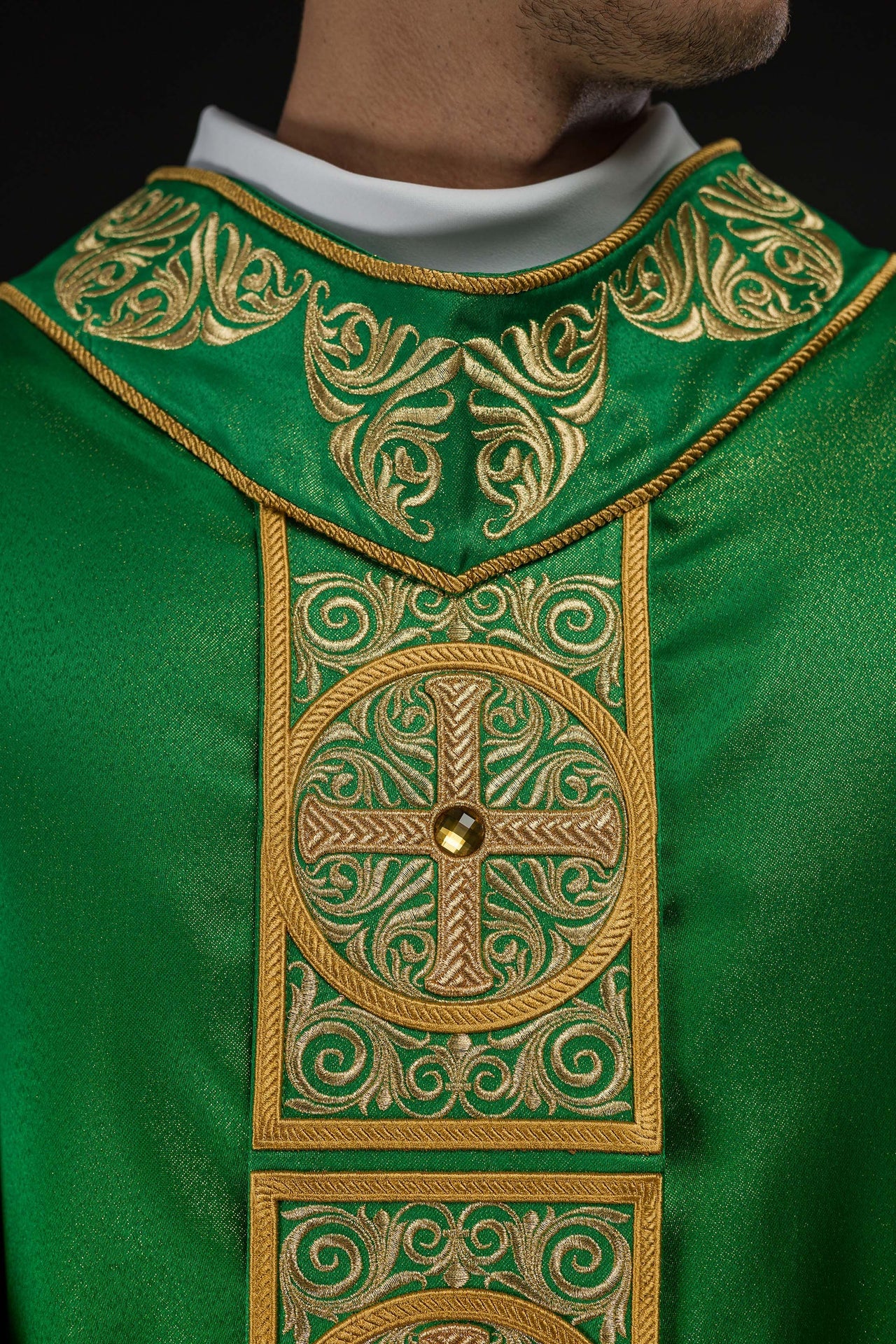 Green Chasuble Richly Embroidered and Decorated with Stones - CHASUBLES.COM