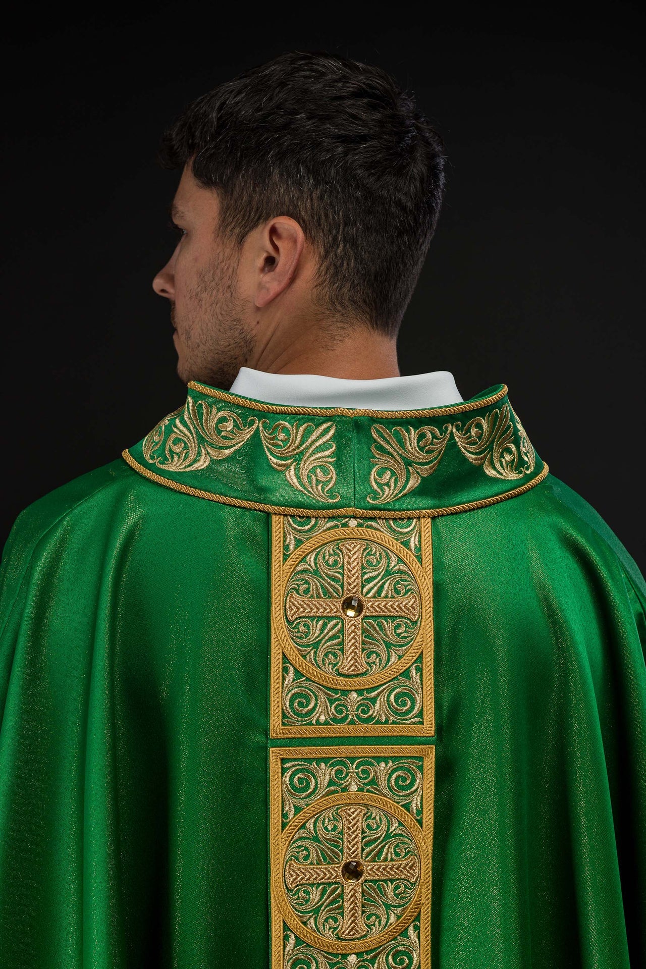 Green Chasuble Richly Embroidered and Decorated with Stones - CHASUBLES.COM