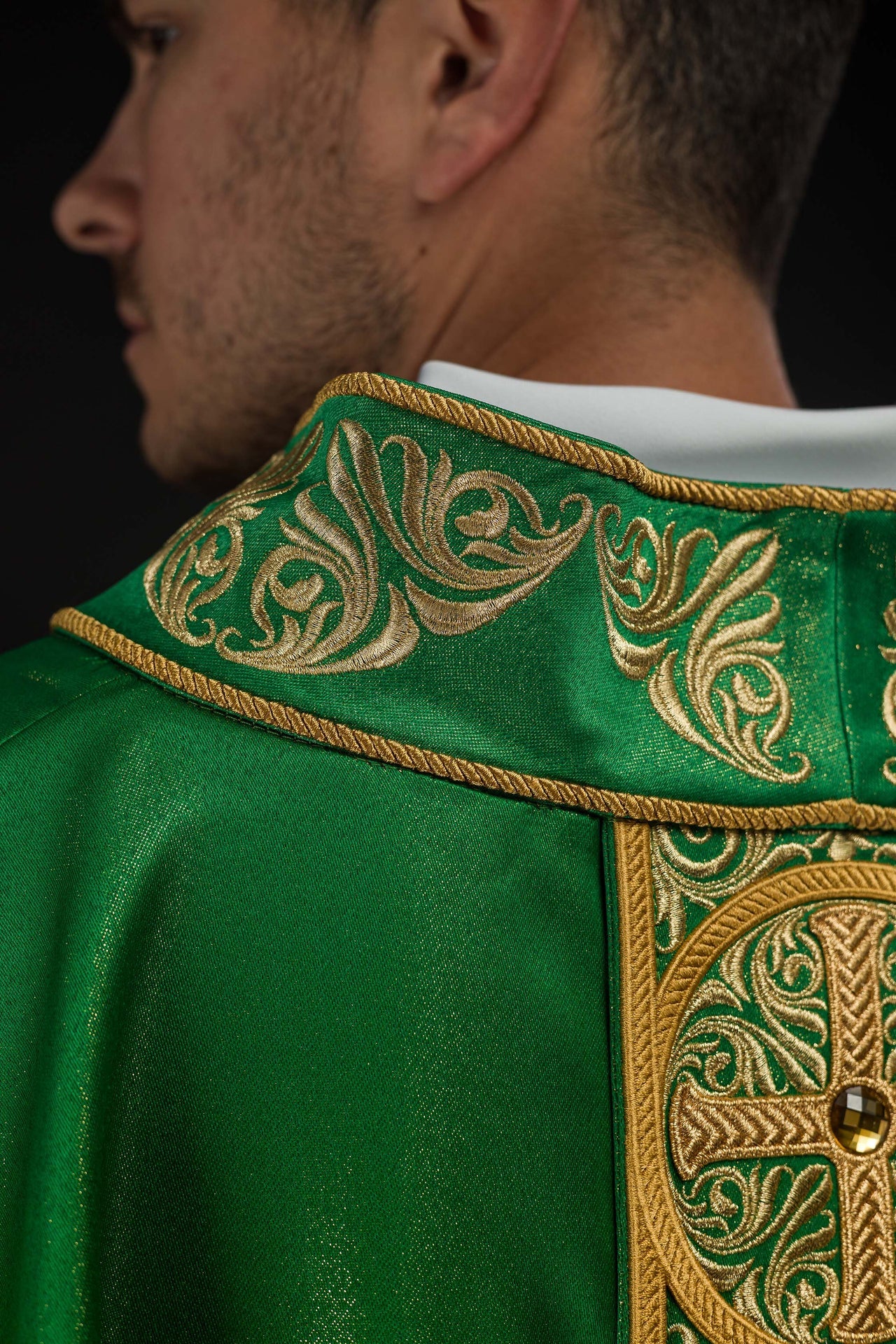 Green Chasuble Richly Embroidered and Decorated with Stones - CHASUBLES.COM