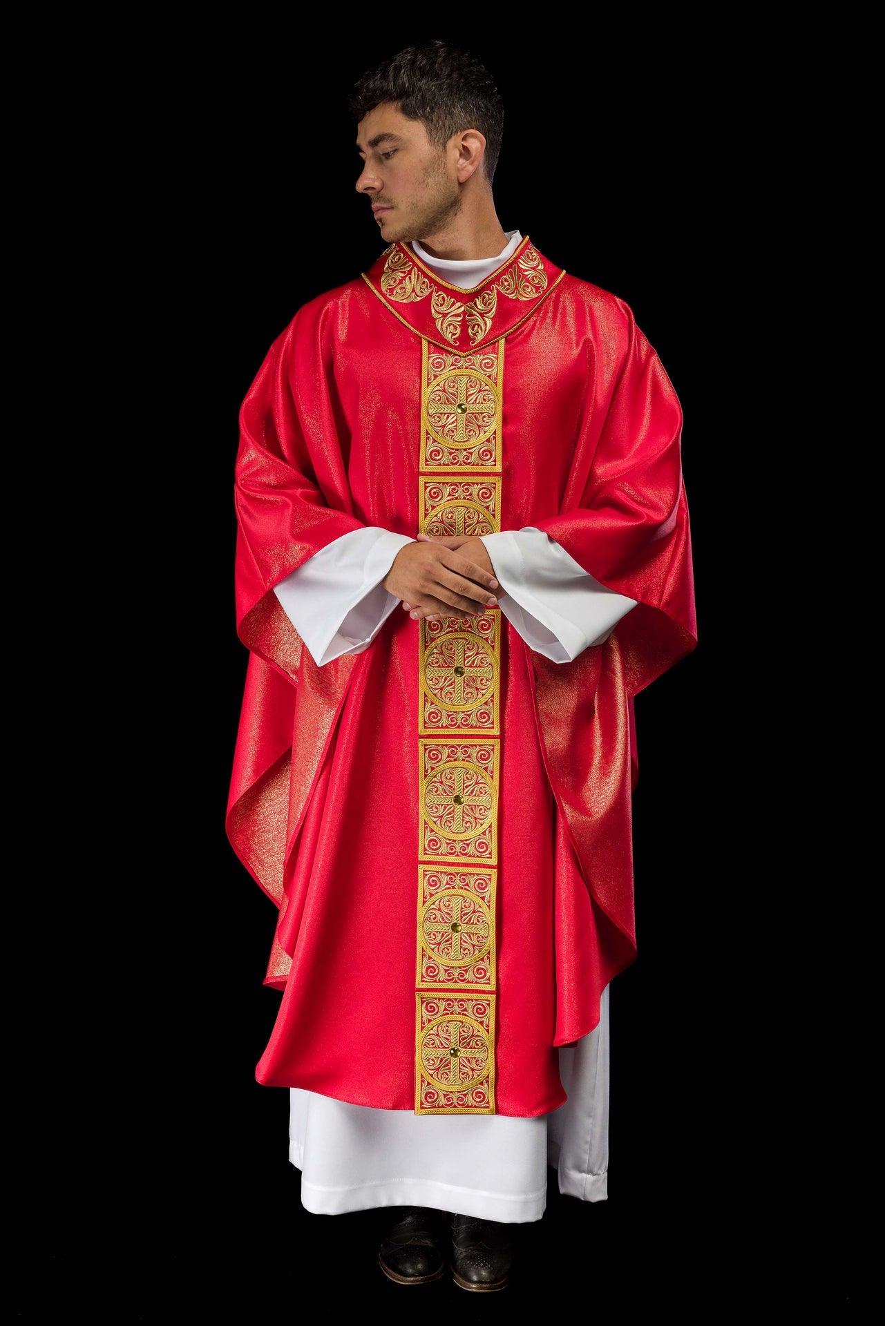 Red Chasuble Richly Embroidered and Decorated with Stones - CHASUBLES.COM