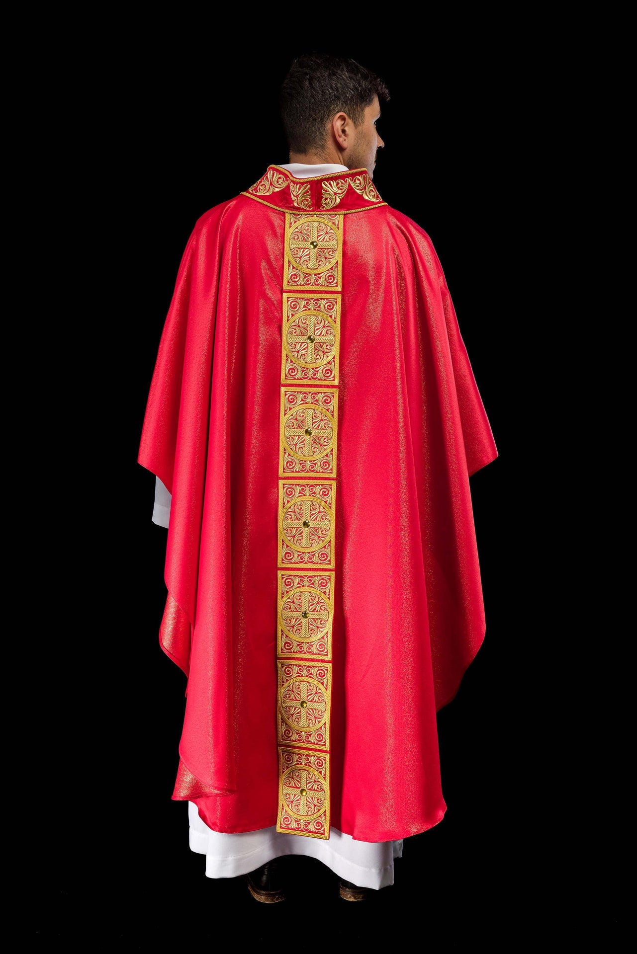 Red Chasuble Richly Embroidered and Decorated with Stones - CHASUBLES.COM