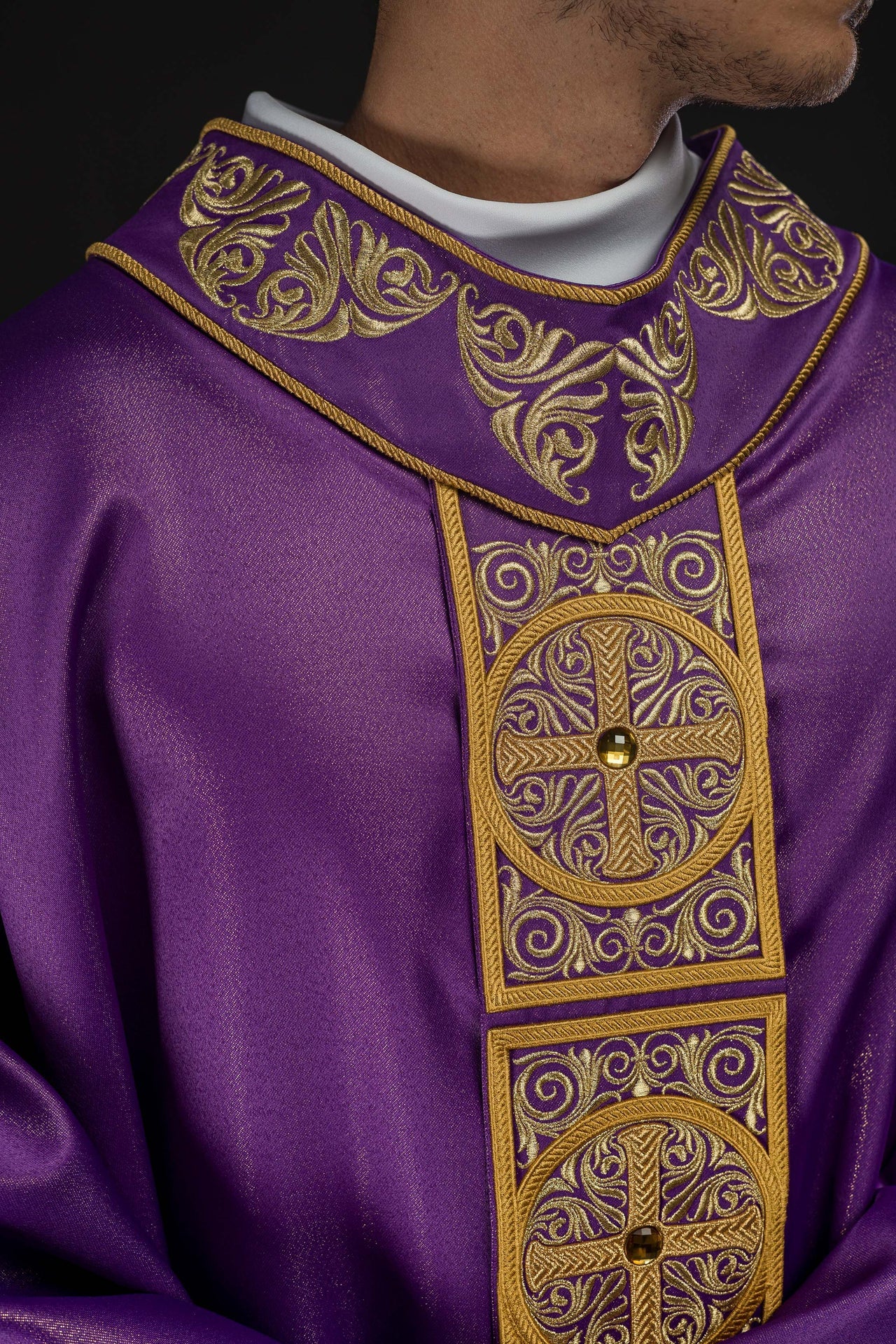 Purple Chasuble Richly Embroidered and Decorated with Stones - CHASUBLES.COM