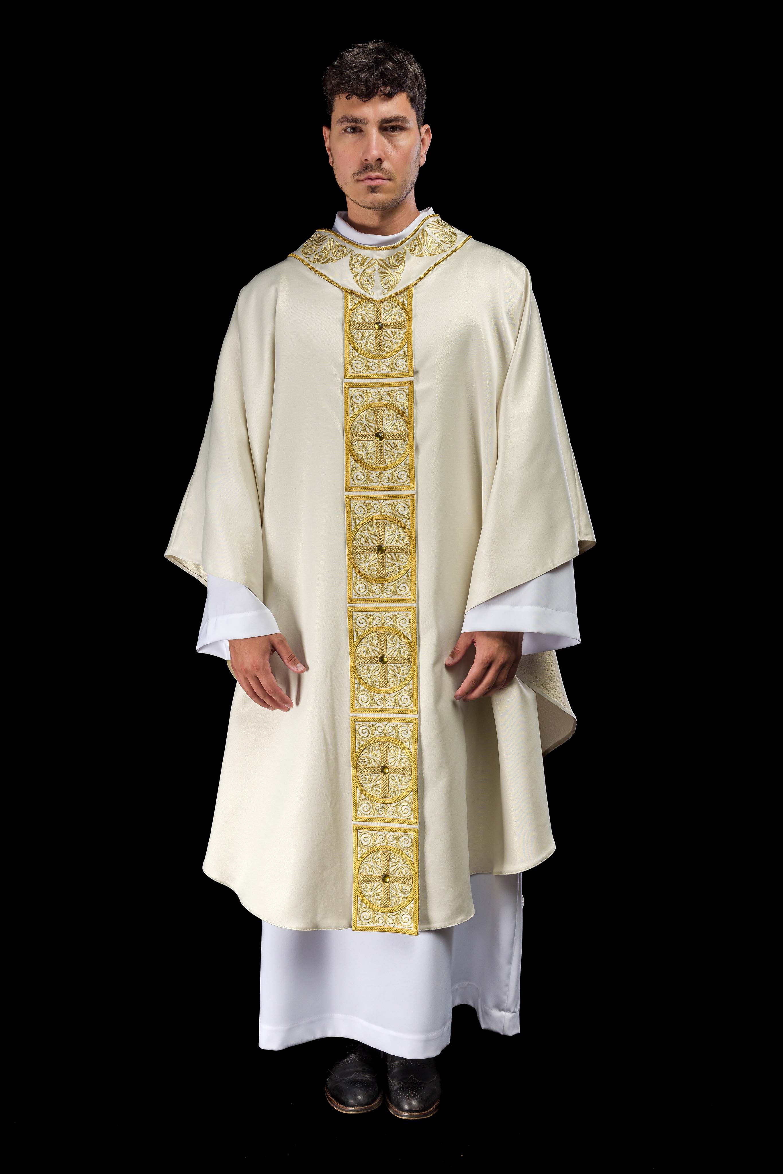 Gold Chasuble richly embroidered and decorated with ecru stones