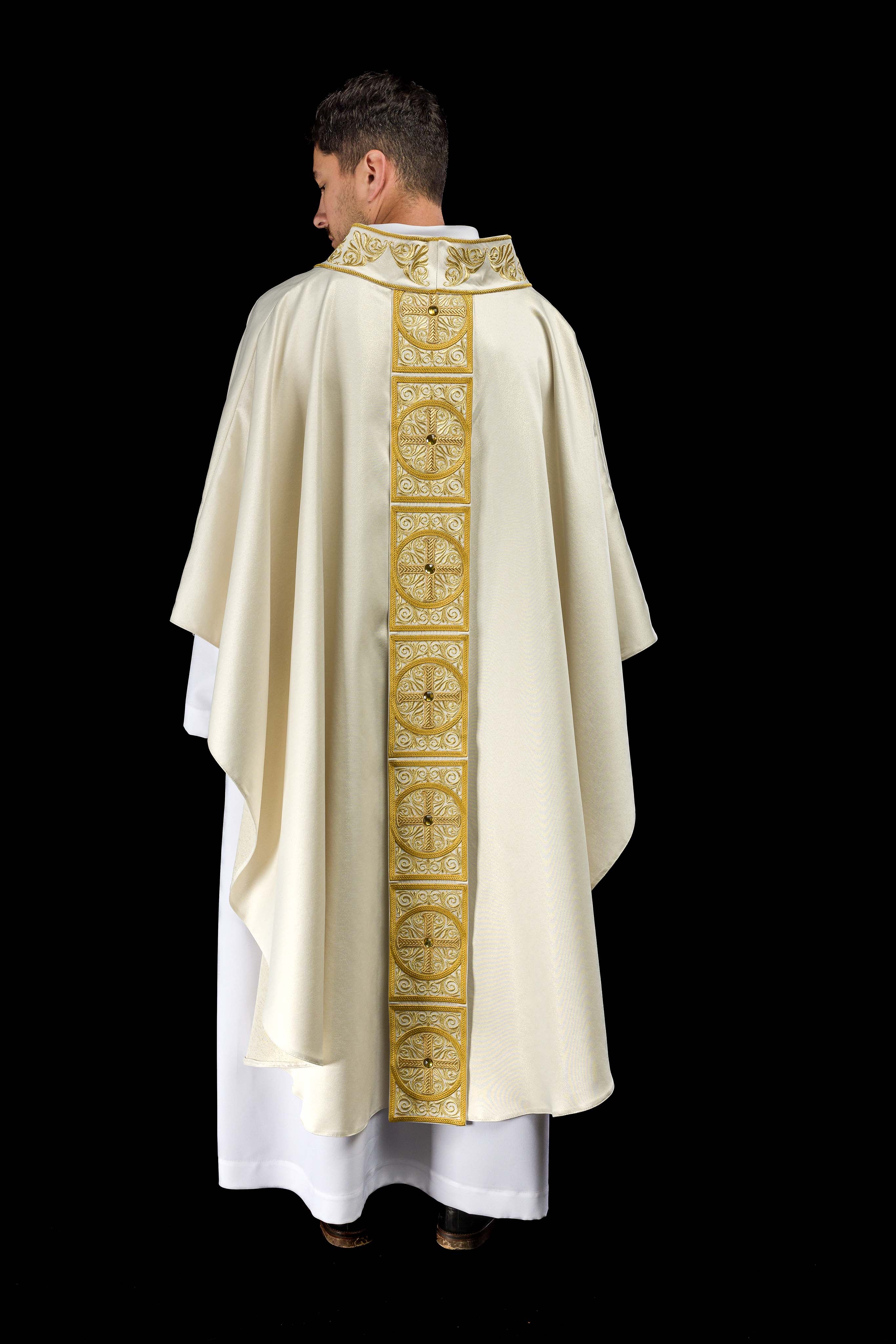 Gold Chasuble richly embroidered and decorated with ecru stones