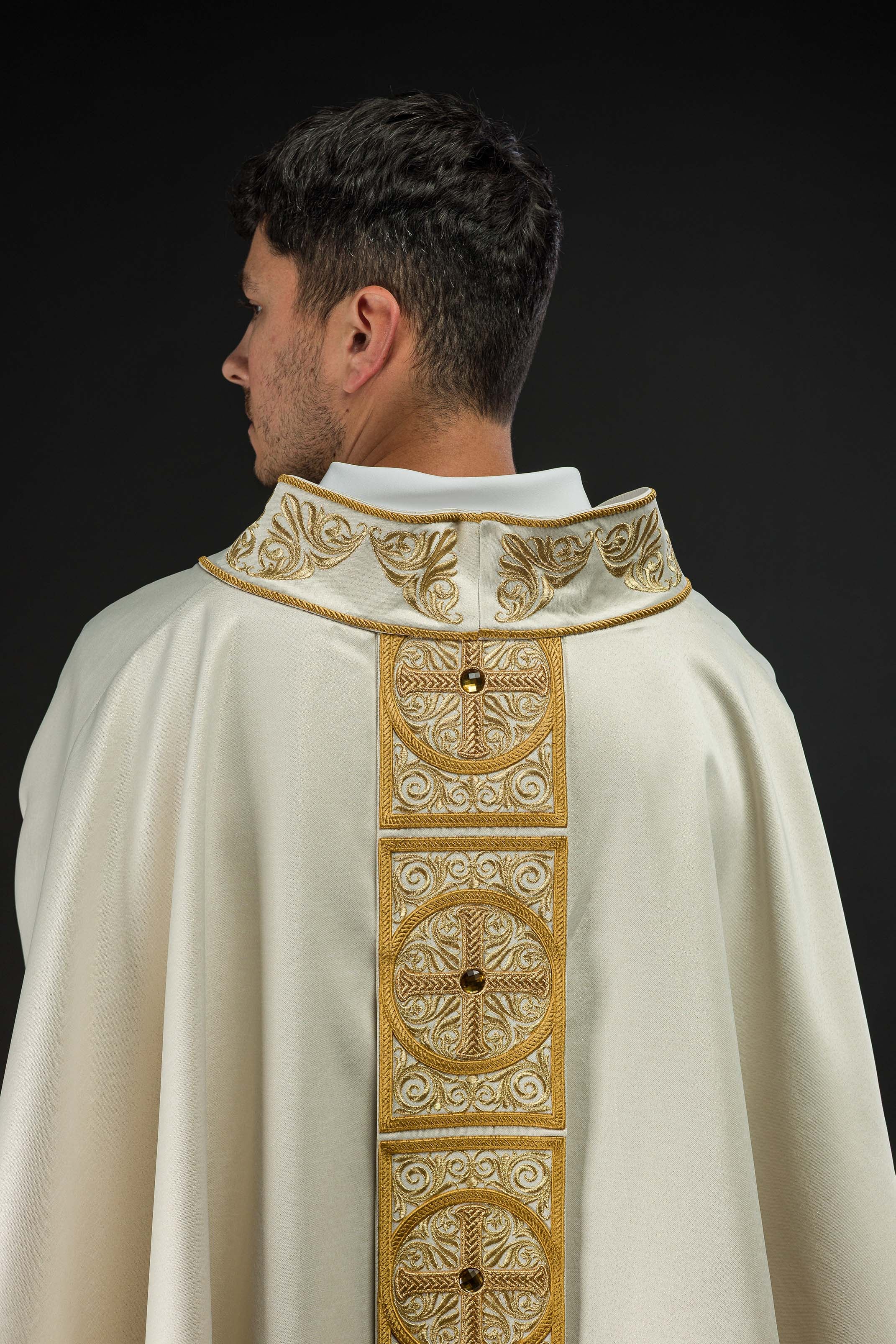 Gold Chasuble richly embroidered and decorated with ecru stones