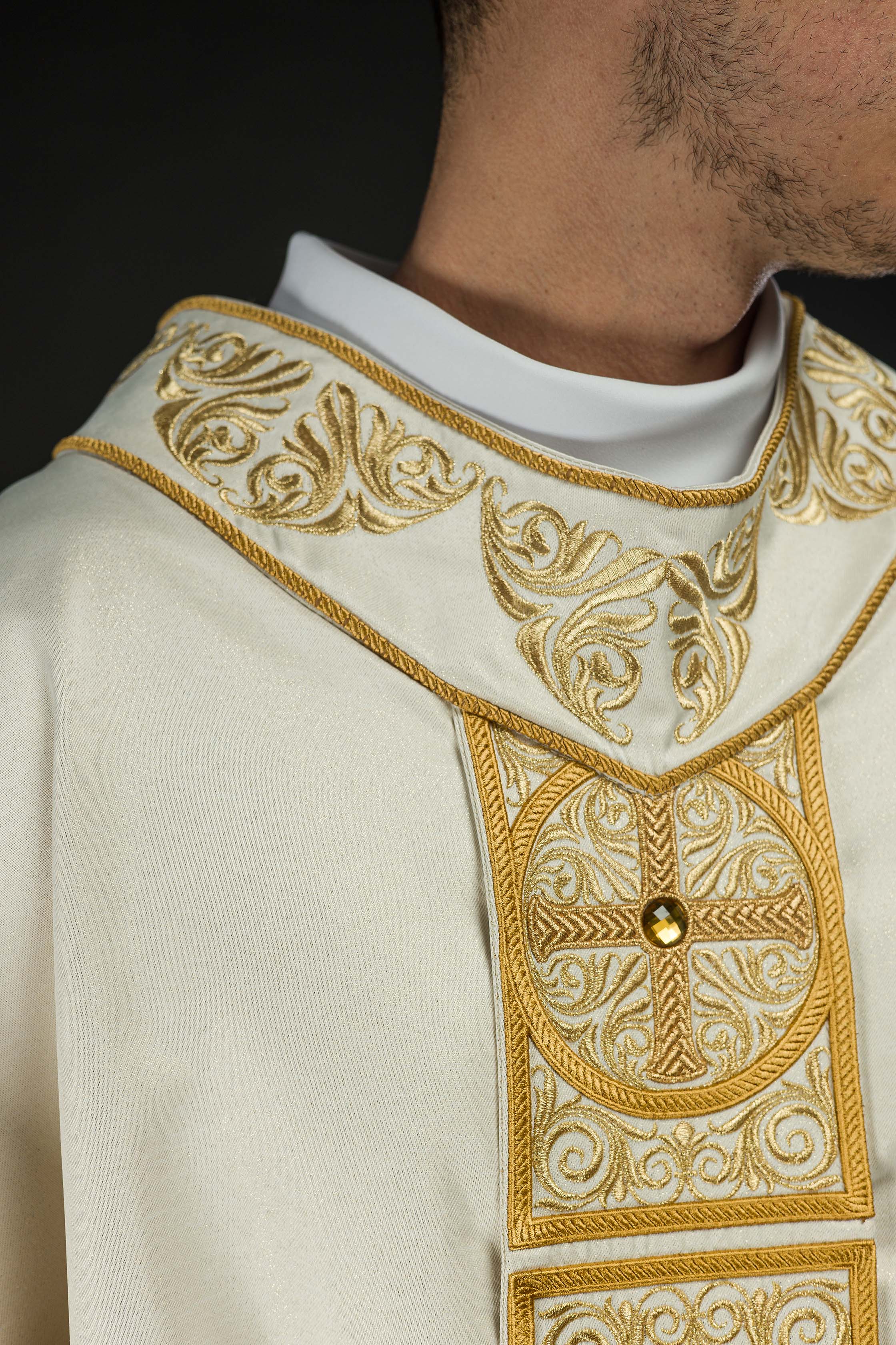 Gold Chasuble richly embroidered and decorated with ecru stones